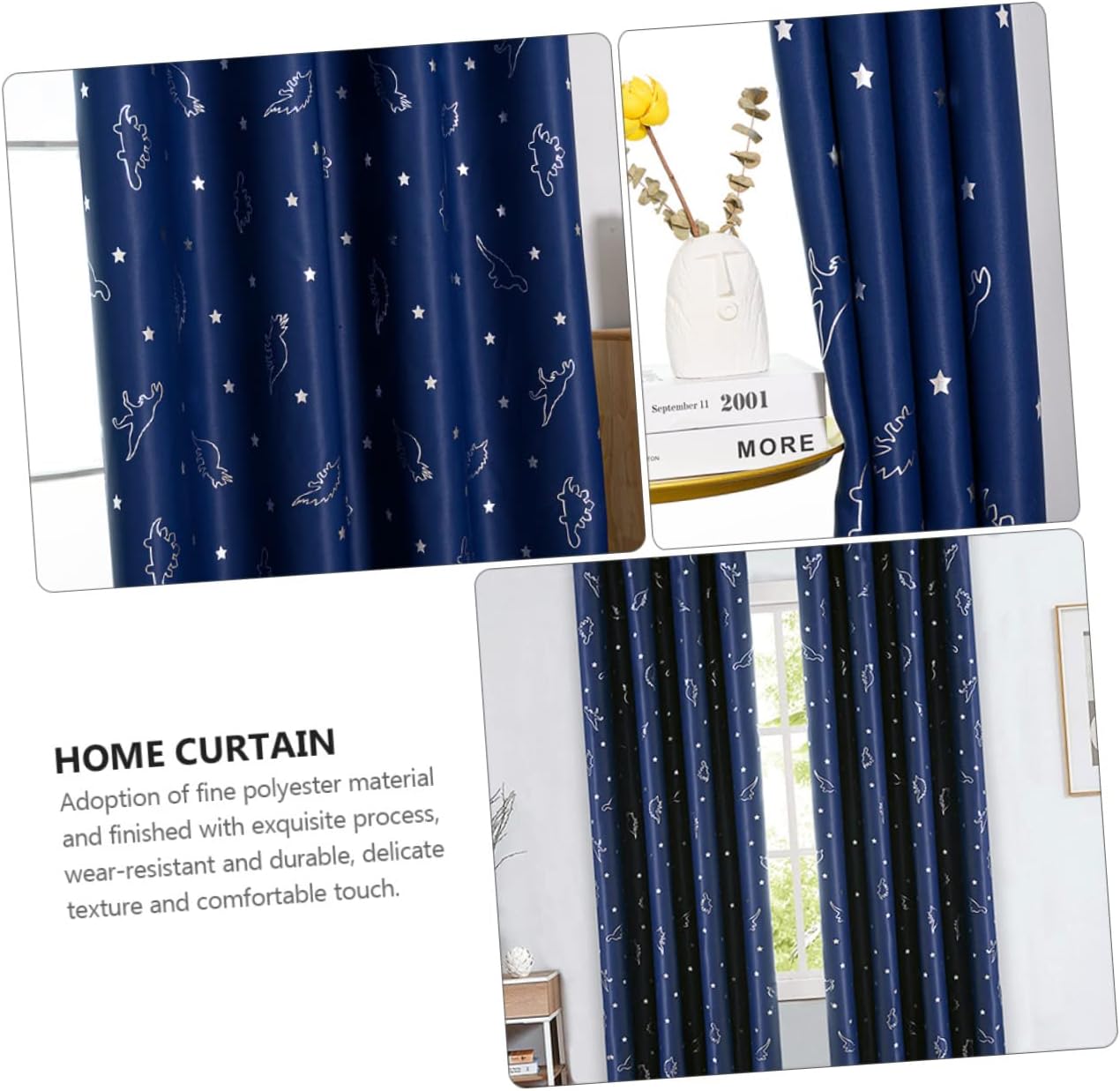 1 Pair Adorable Dinosaur Printed Curtains for Home Navy Blue