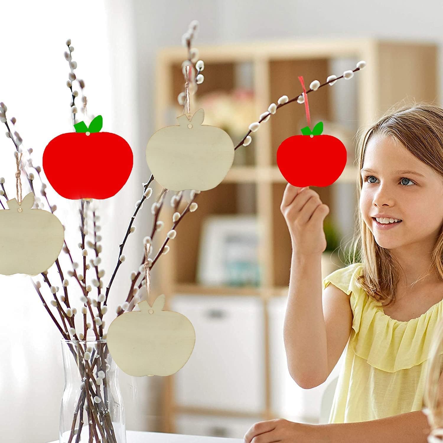 30 Pieces Wood Apple Hanging Ornaments with Hemp Rope