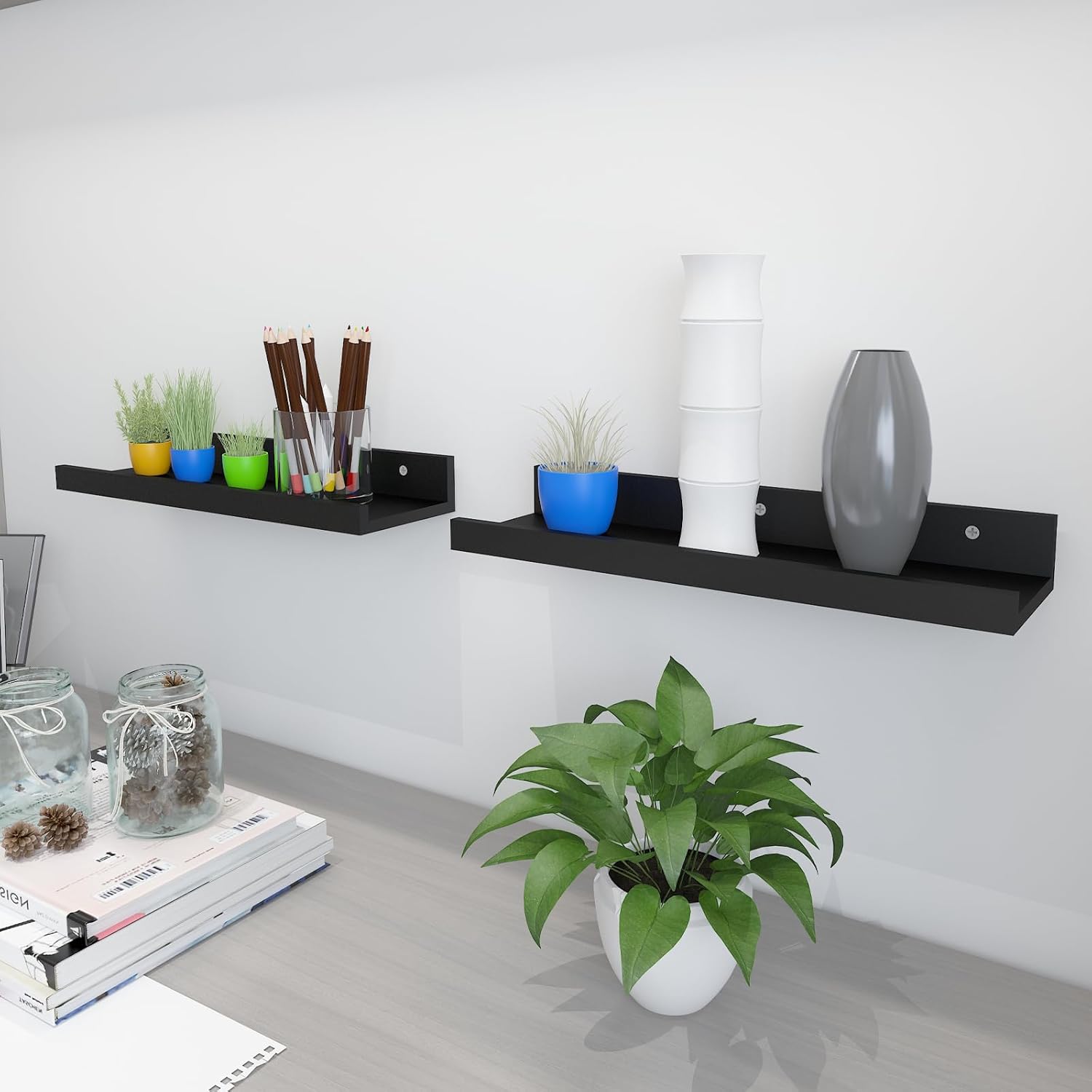 Sholramo Wall Floating Shelves Set of 2 Modern Black Storage Display