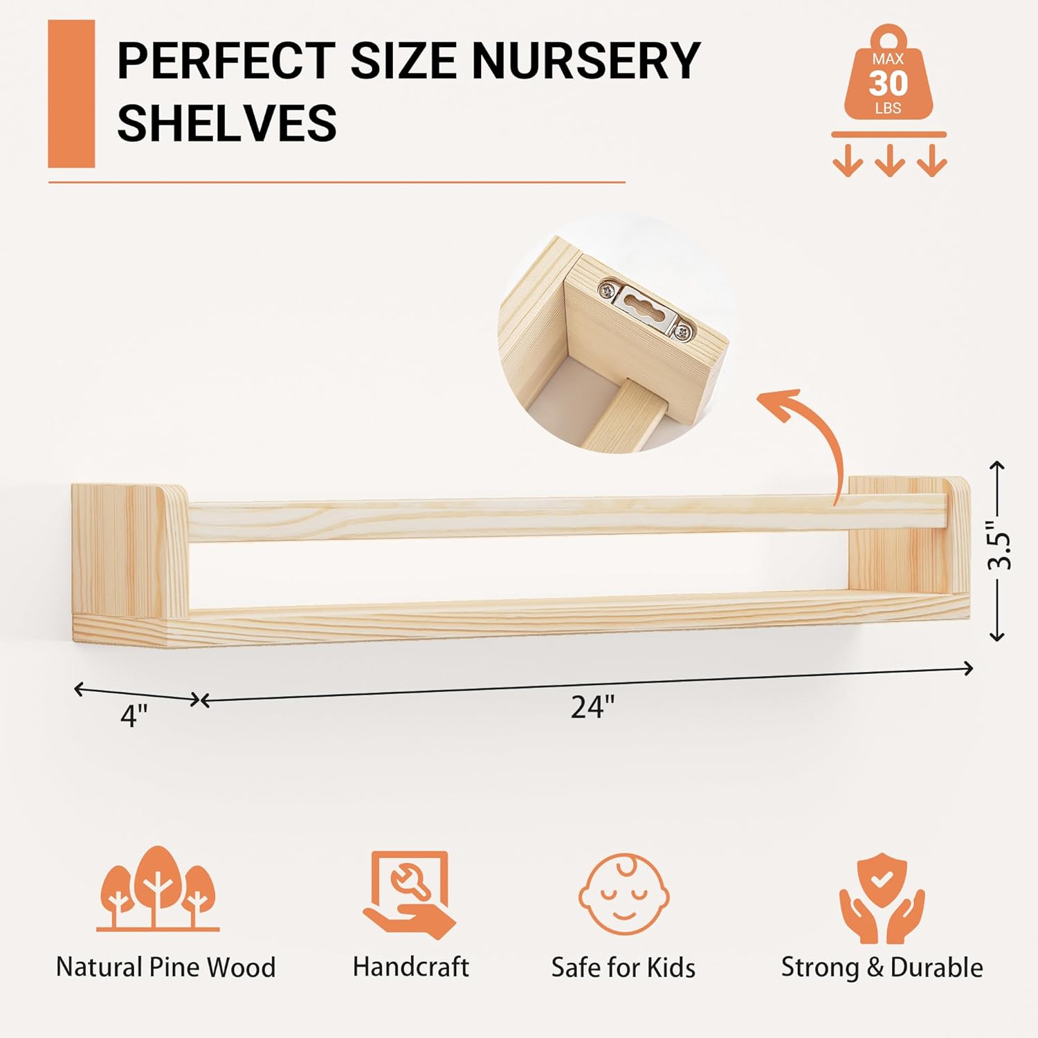 24 Inch Solid Wood Floating Shelves Set of 2 for Nursery