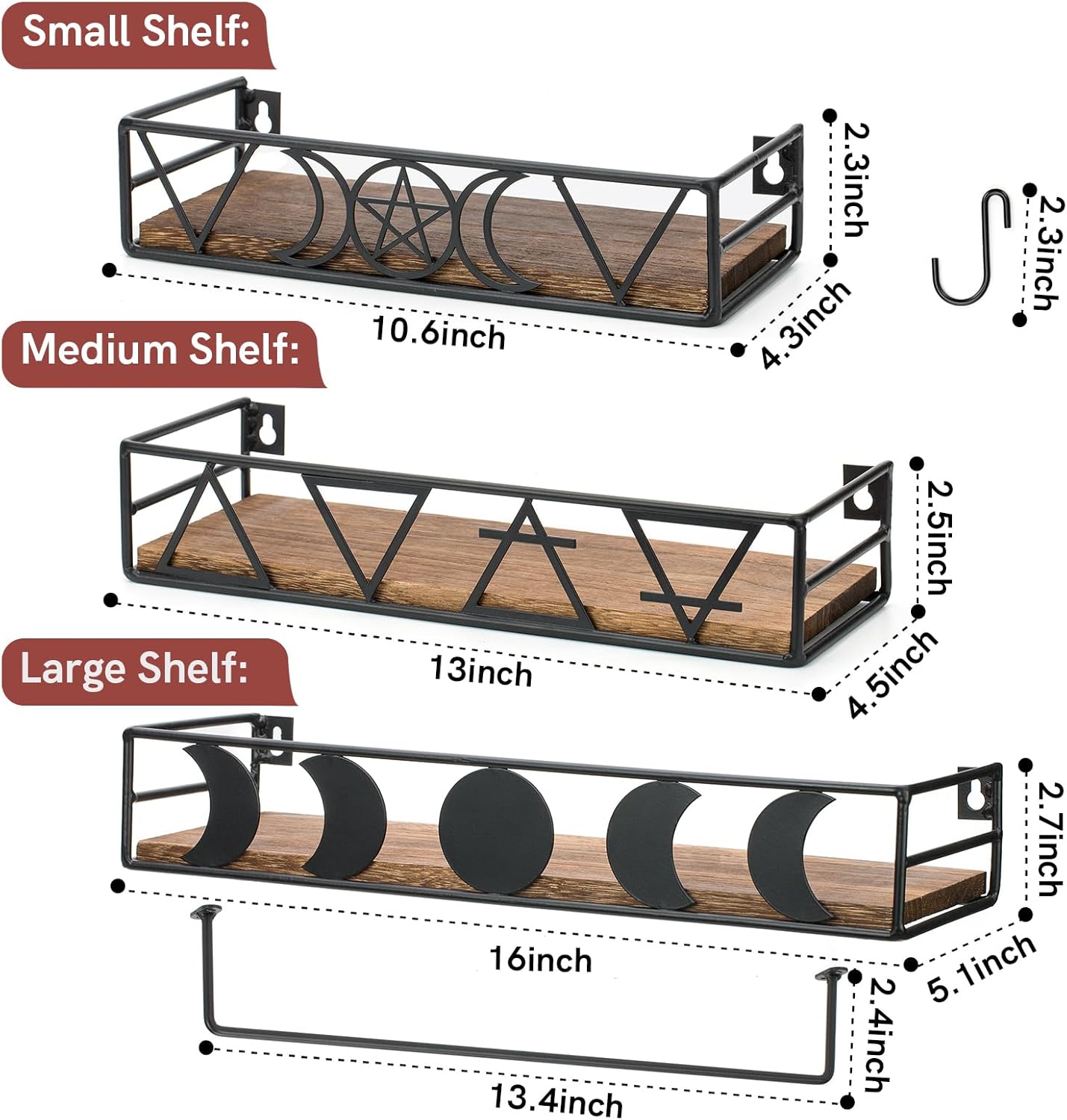 Pracaniz Moon Phase Wall Shelf with 4 Hooks