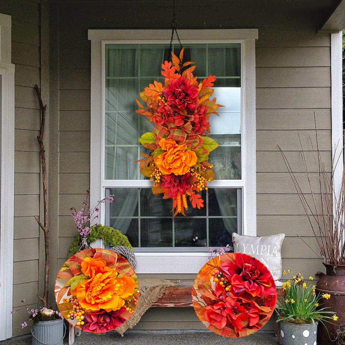 Fall Wreath for Front Door with Peonies and Maple Leaves