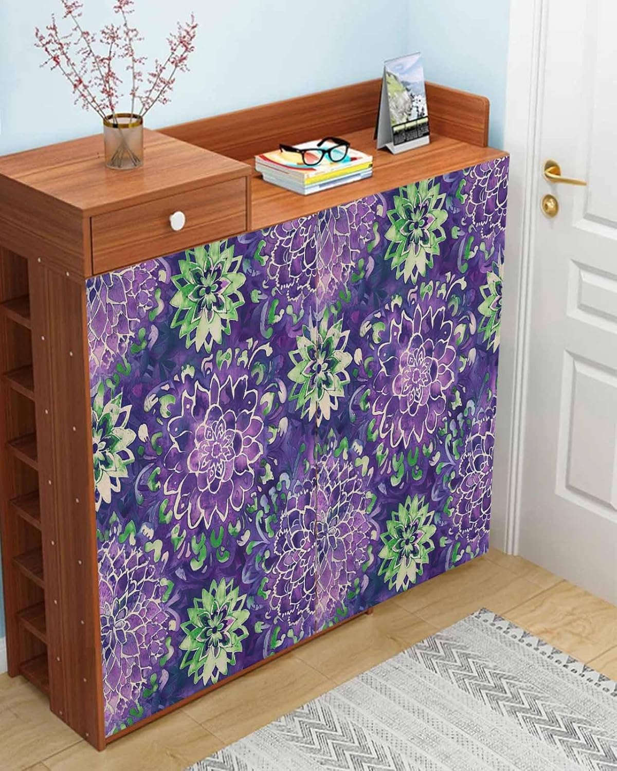Purple Floral Self Adhesive Portable Curtains for Windows