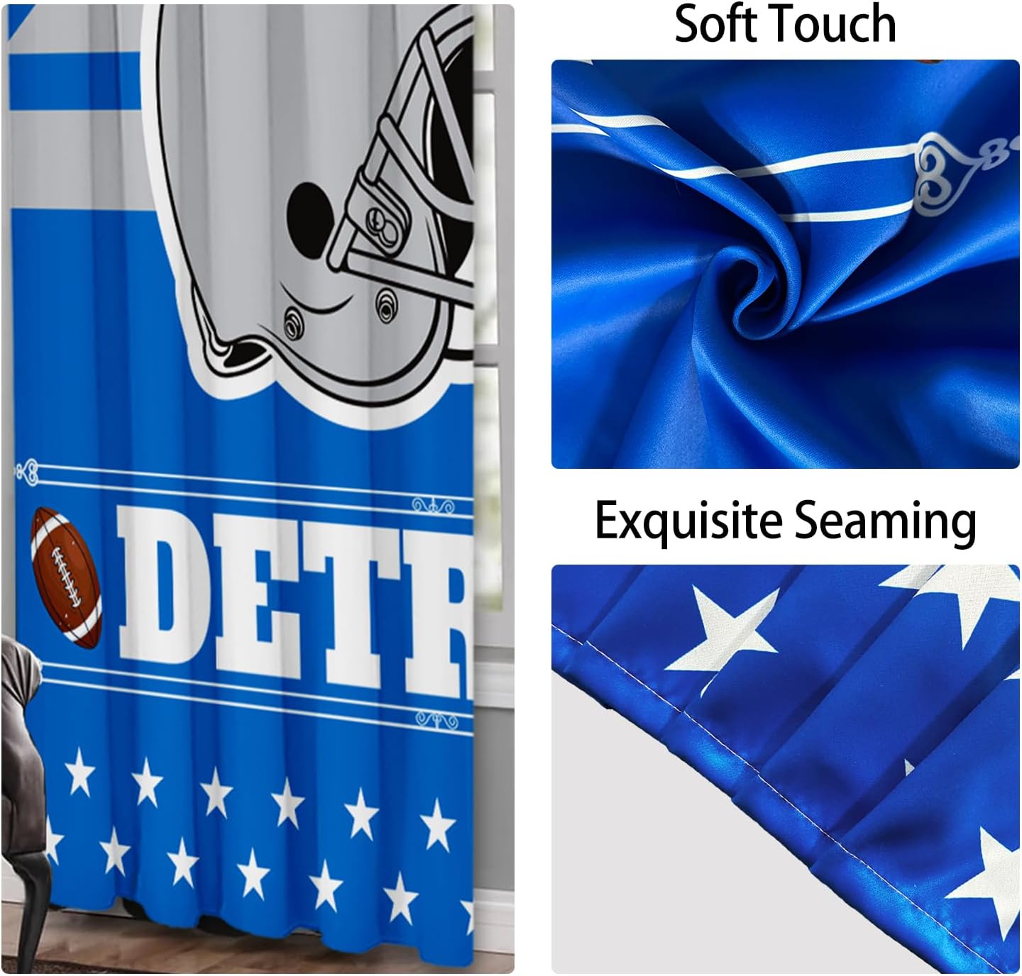Detroit Football Themed Blackout Curtains 72x84
