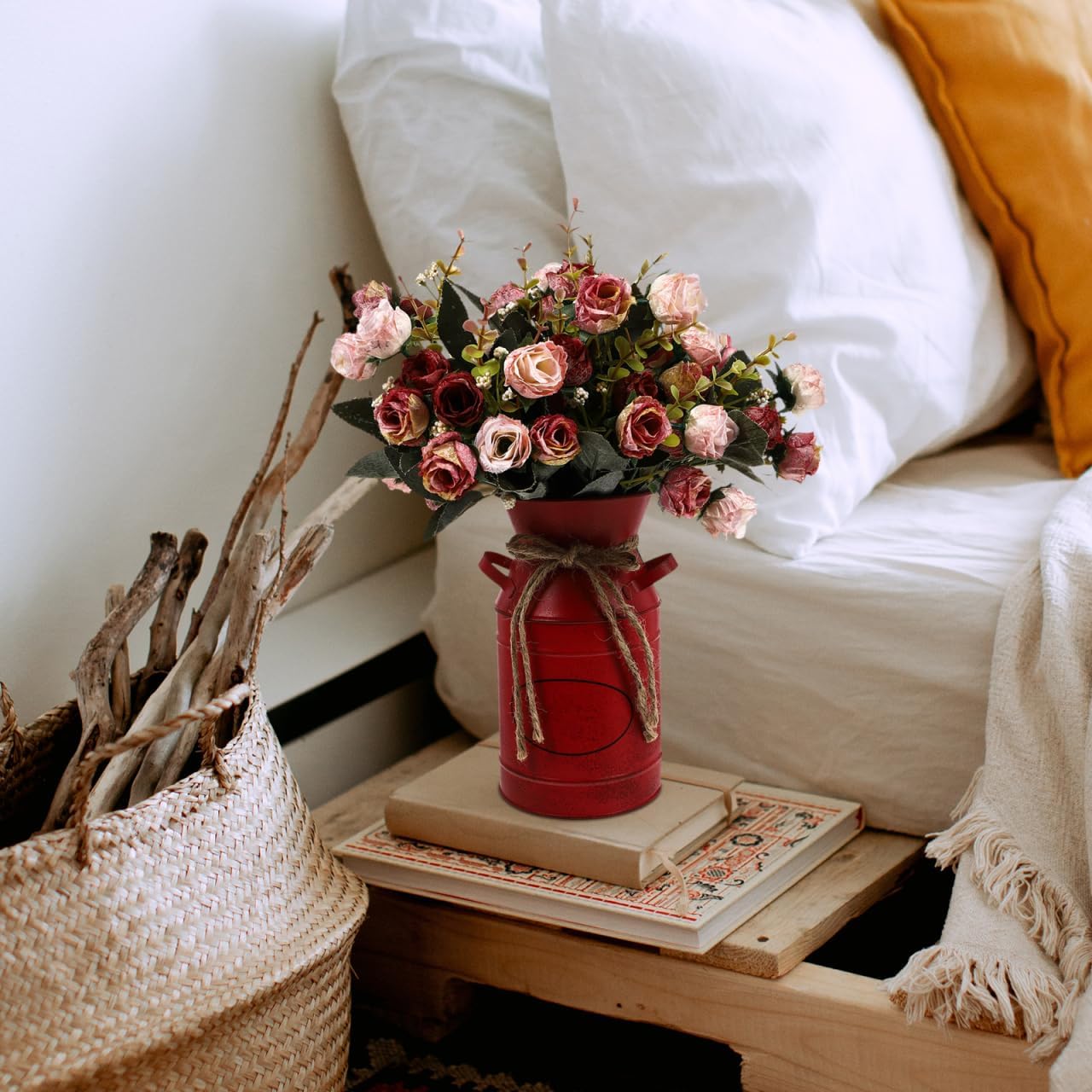 VOSAREA Red Galvanized Flower Bucket for Decor