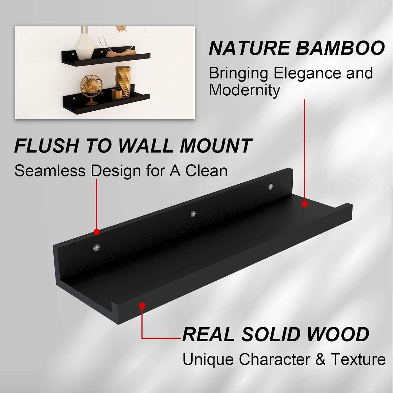 Sholramo Wall Floating Shelves Set of 2 Modern Black Storage Display