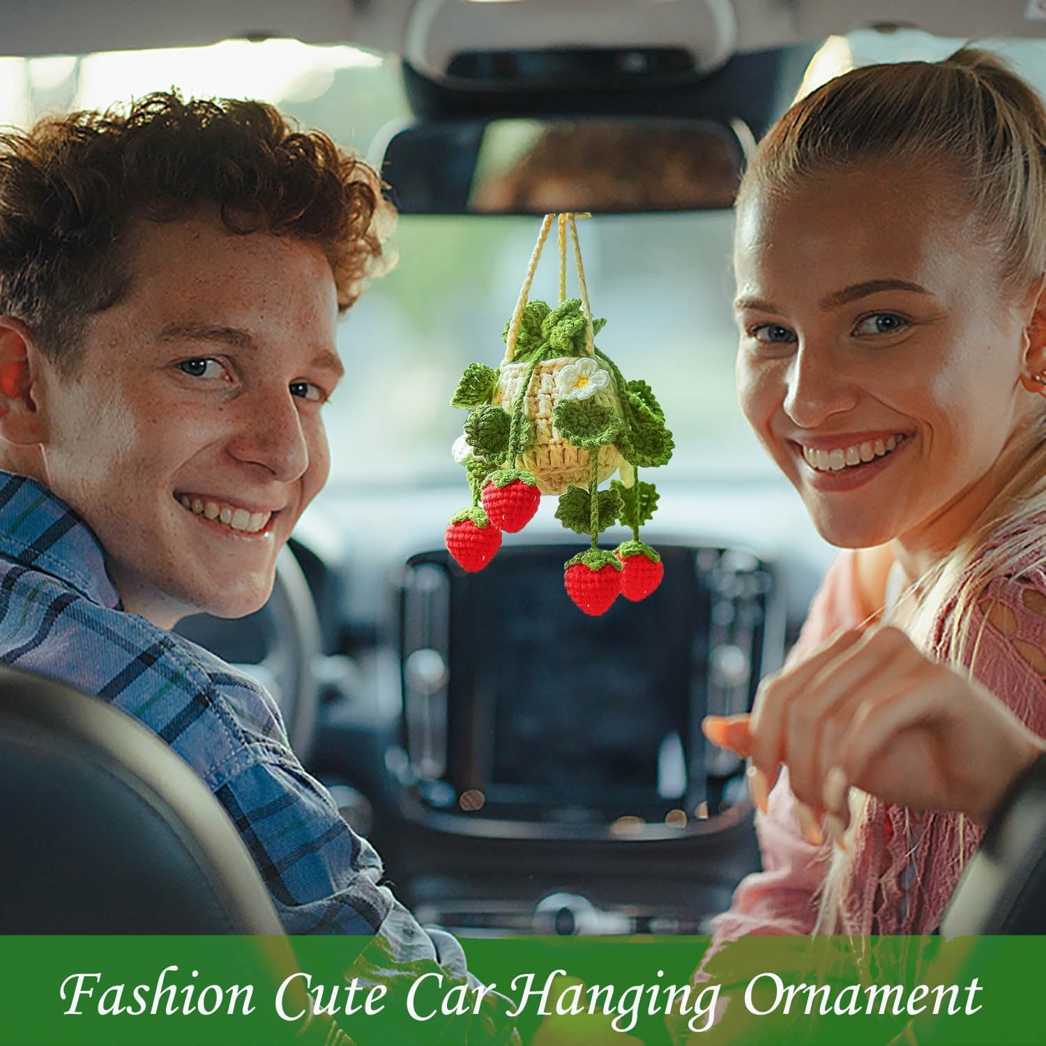 Crochet Hanging Plant Car Ornament Deep Green Leaves Strawberry