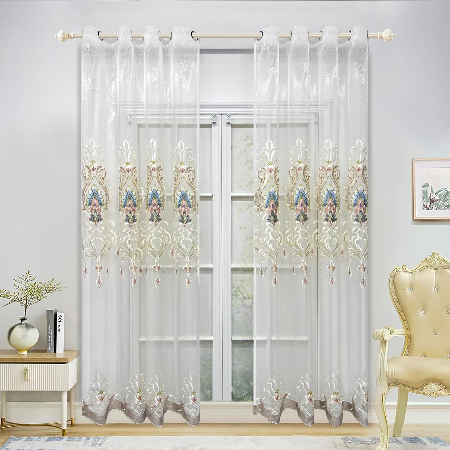 Elegant Floral Embroidered Sheer Curtains 2 Panels W80 X L96 Inch Grommet