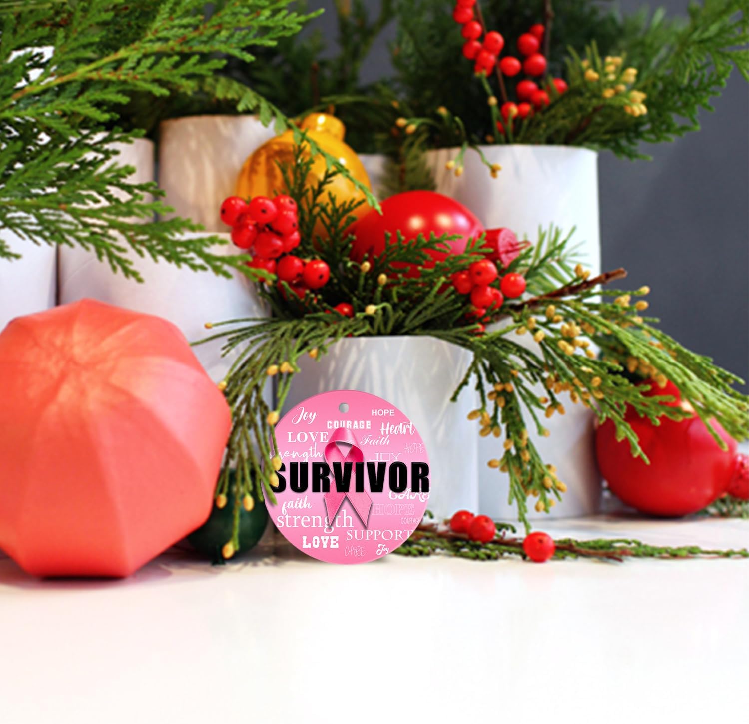 XIAGEANA Breast Cancer Awareness Pink Ribbon Hanging Ornament - 3 Inch Ceramic