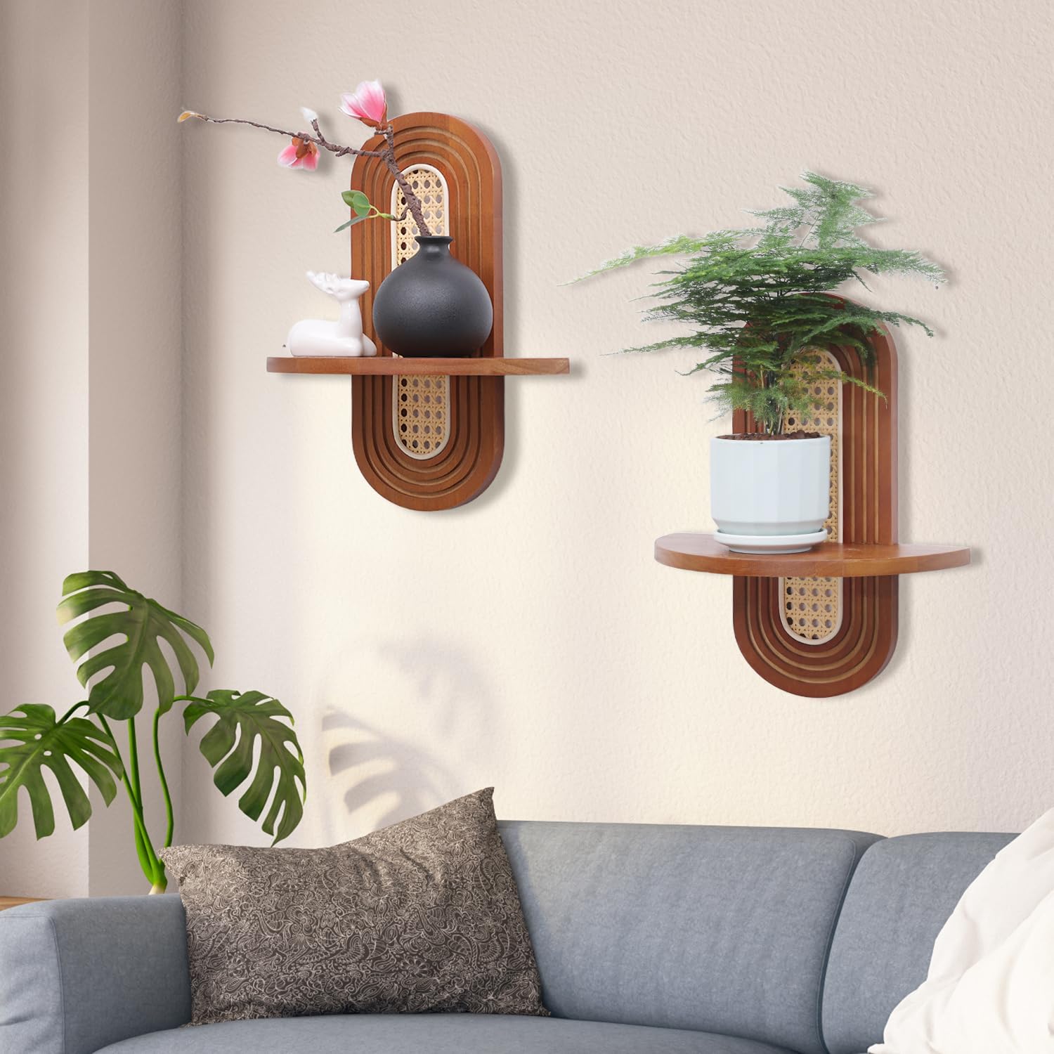 Boho Rattan Floating Shelves Set of 2 for Living Room and Bedroom