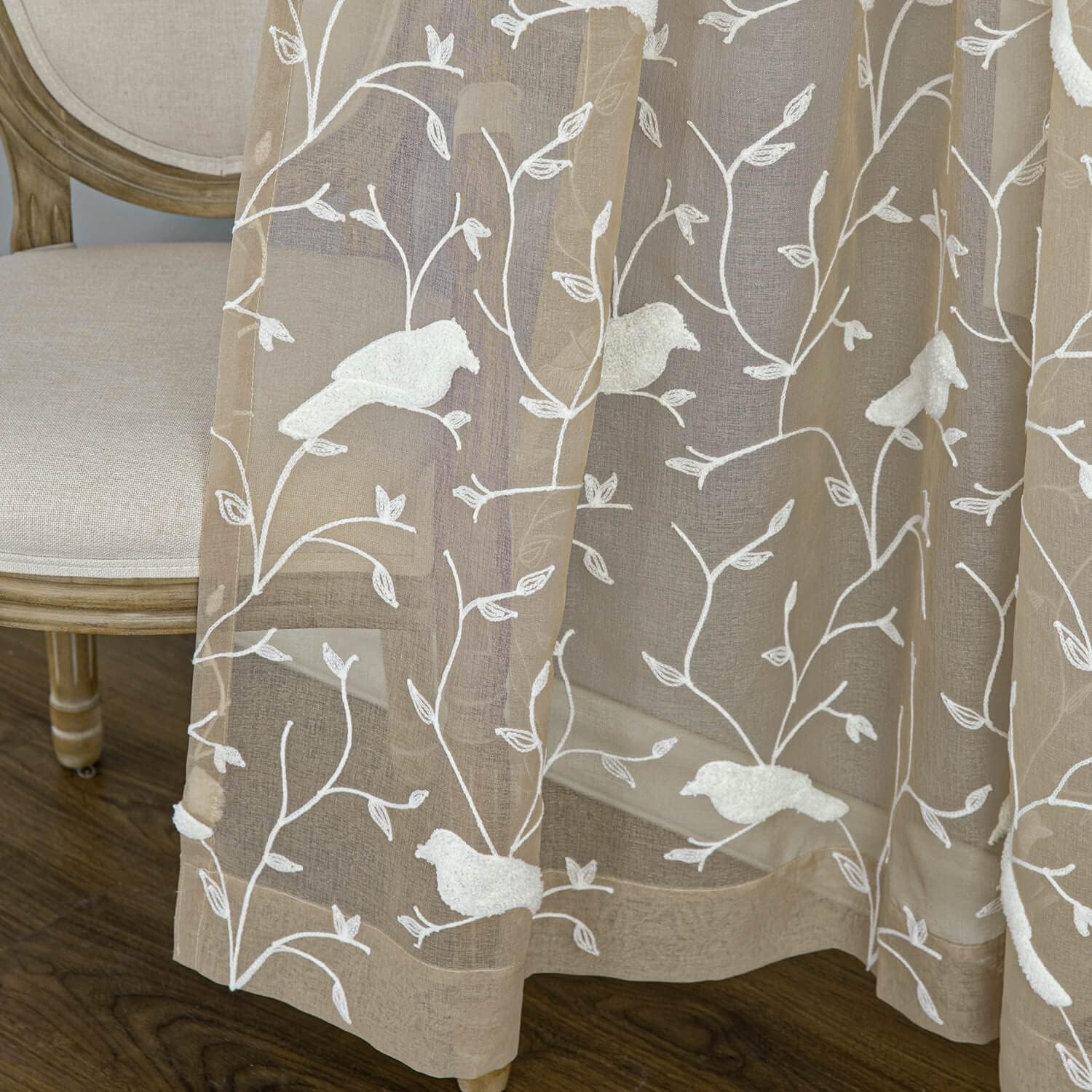 VOGOL White Bird Pattern Taupe Sheer Curtains 2 Panels