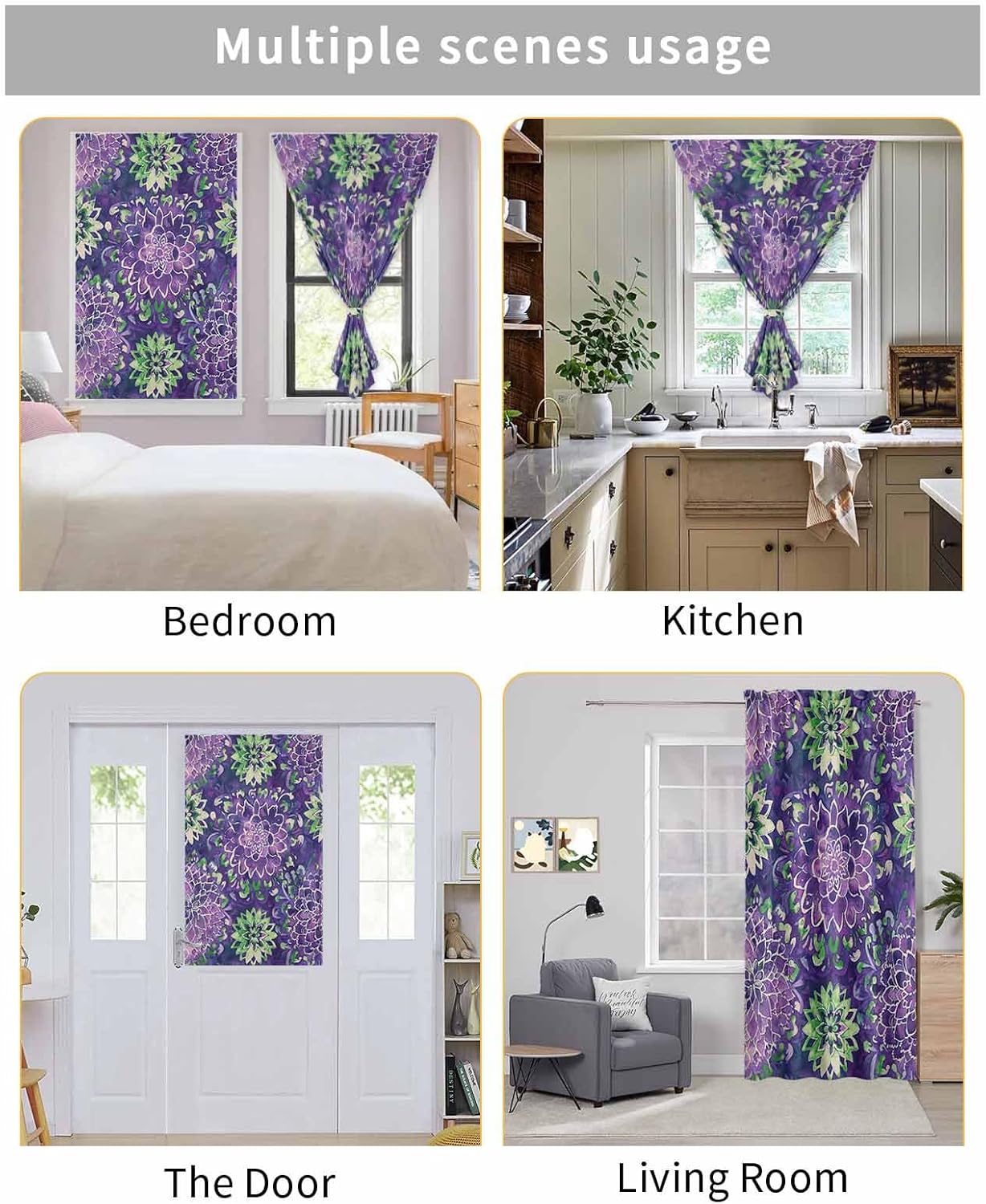 Purple Floral Self Adhesive Portable Curtains for Windows