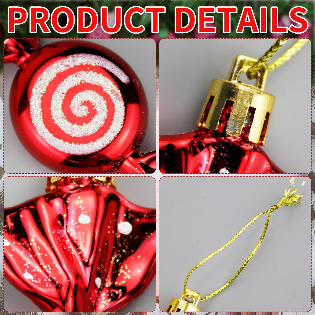Red Christmas Ornaments with White Dots and Golden Ropes 6PCS
