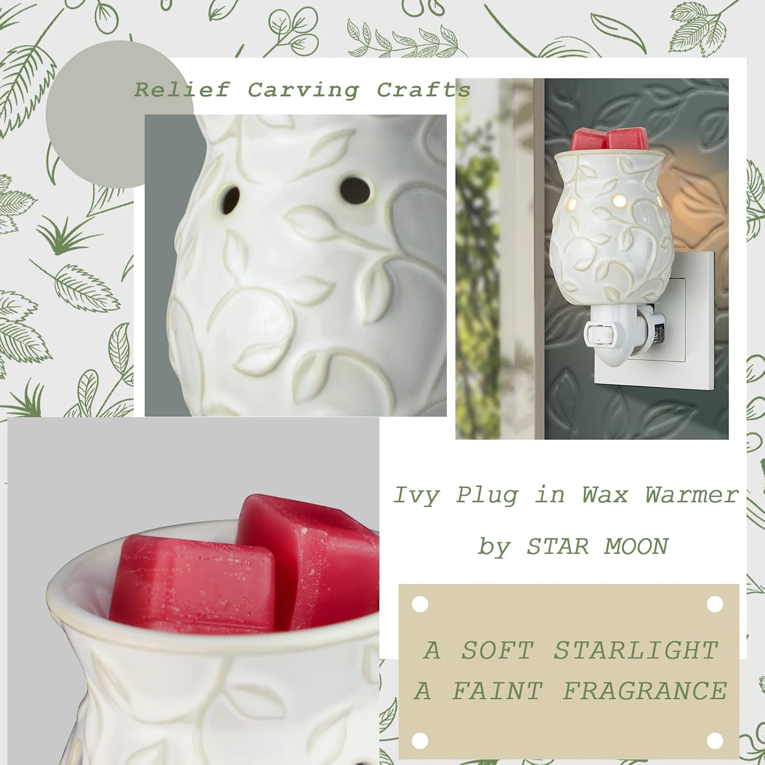 STAR MOON Candle Warmer with Ivy Bas-Relief Design