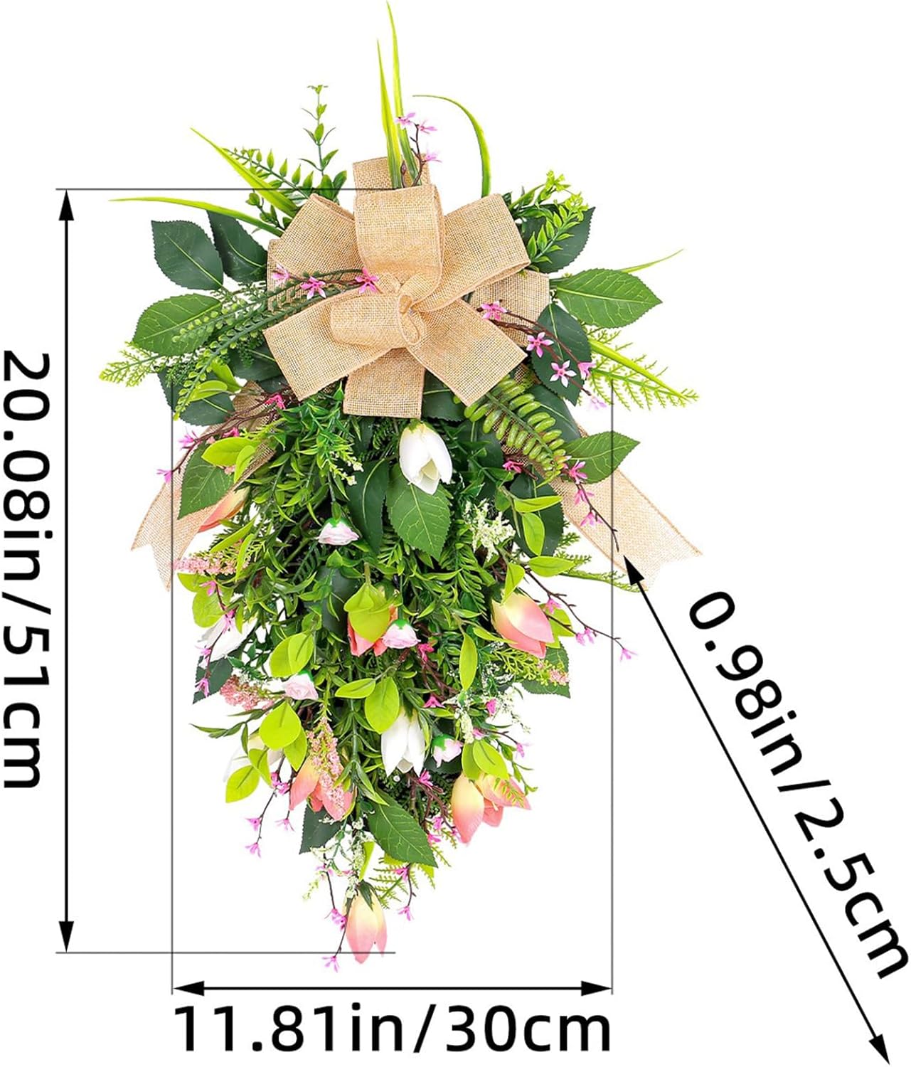 Spring Summer Teardrop Swag Artificial Tulips Door Wreath White Pink