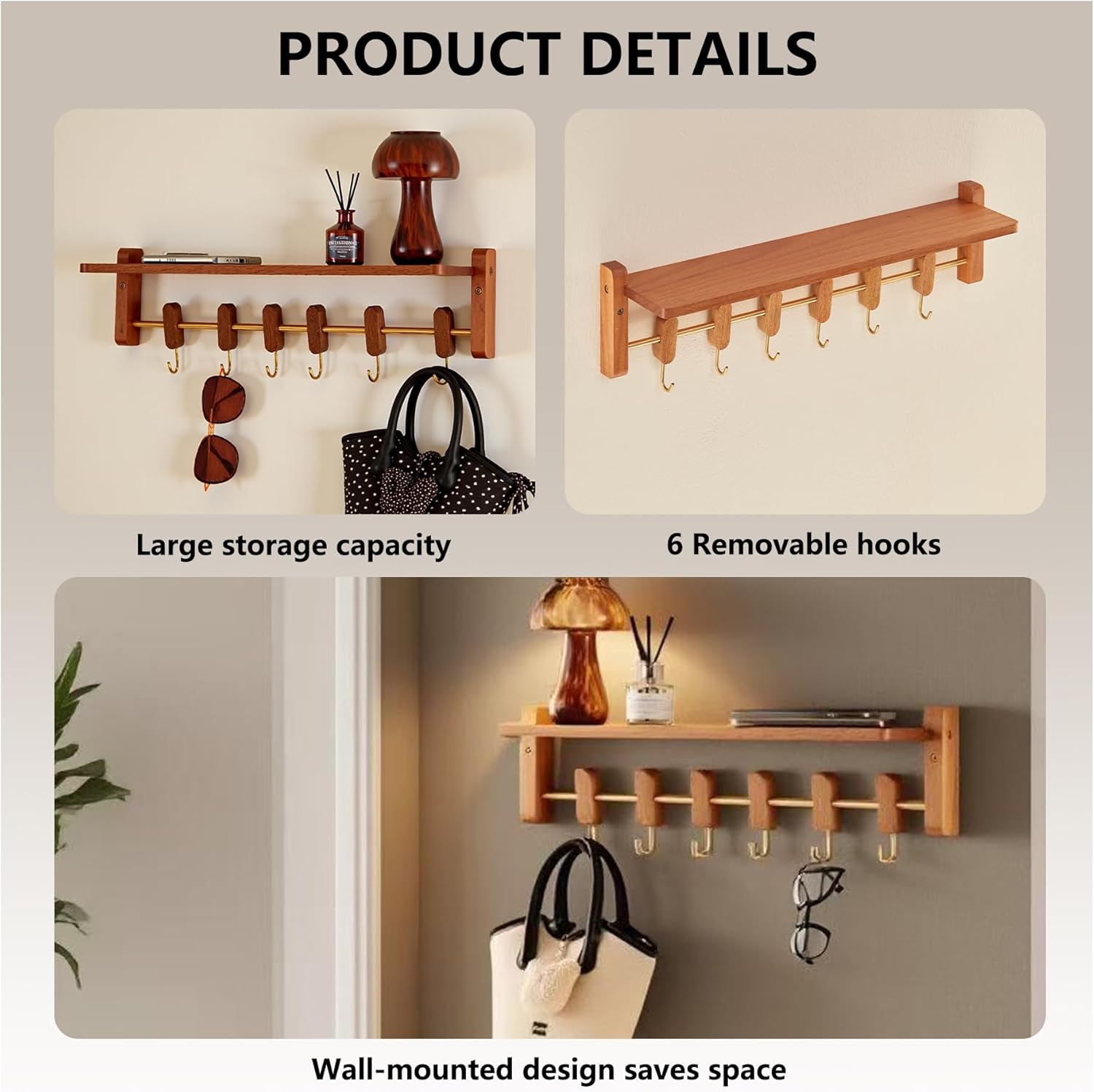 Floating Wall Shelf with 6 Hooks for Home Storage