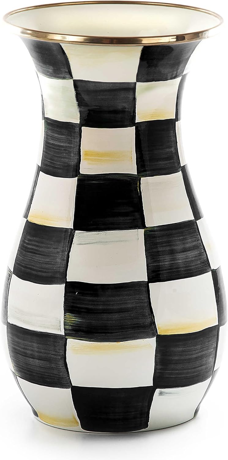 Mackenzie-Childs Tall Enamel Vase Black-and-White Courtly Check