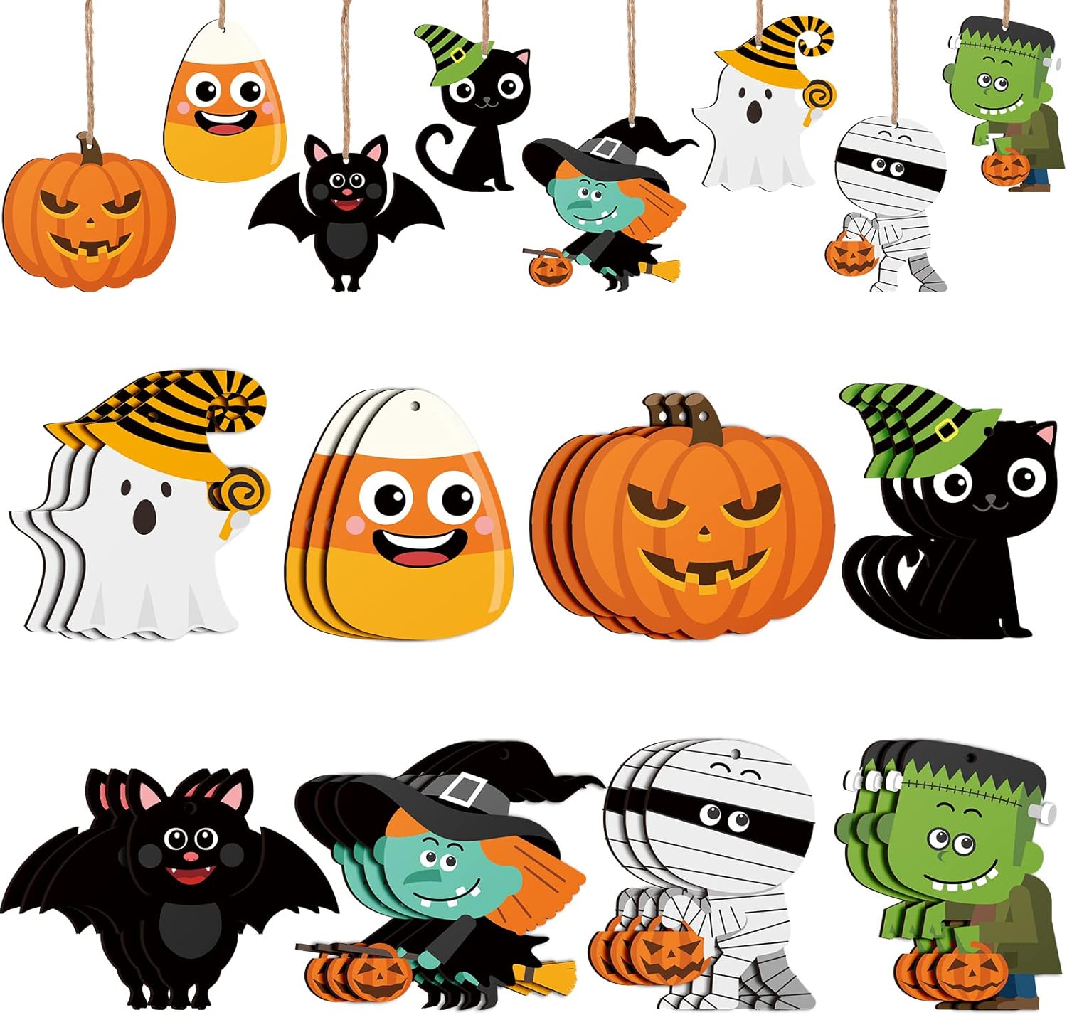 24 Pcs Halloween Wood Tree Ornaments with Rope