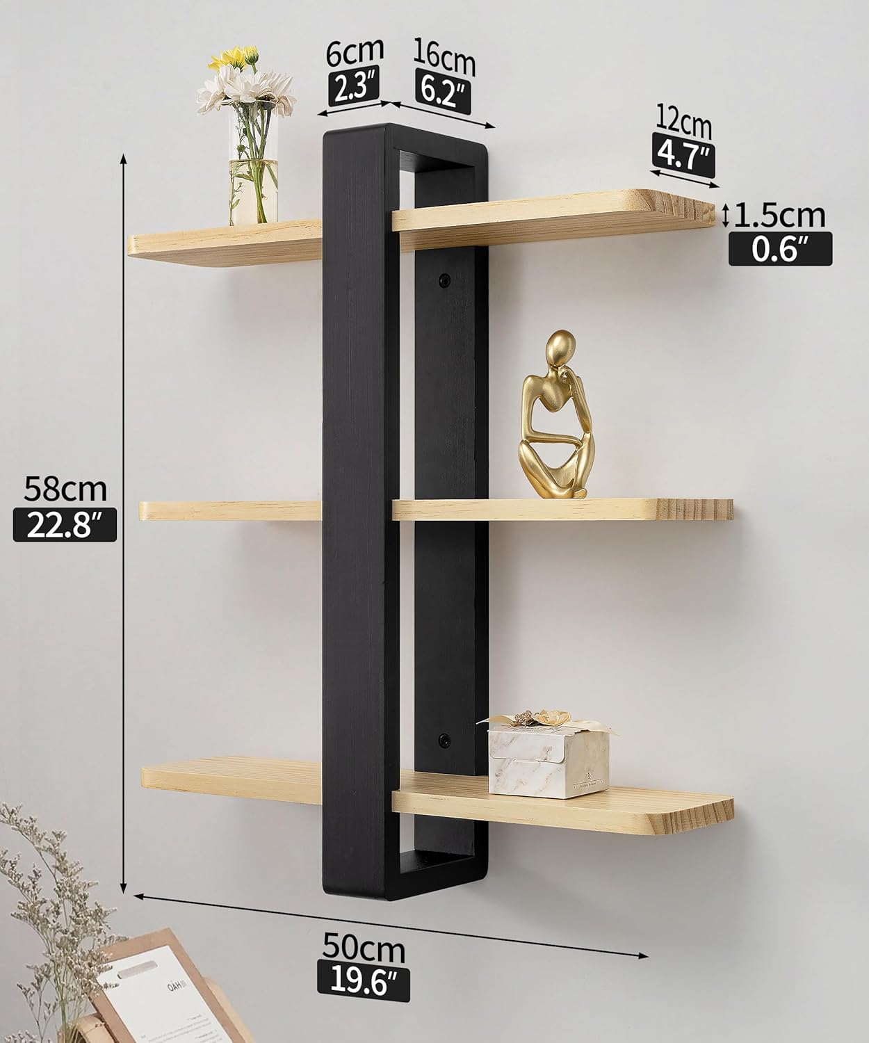 SUMGAR 3 Tier Floating Shelves Wall Mount 20in Pine Wood