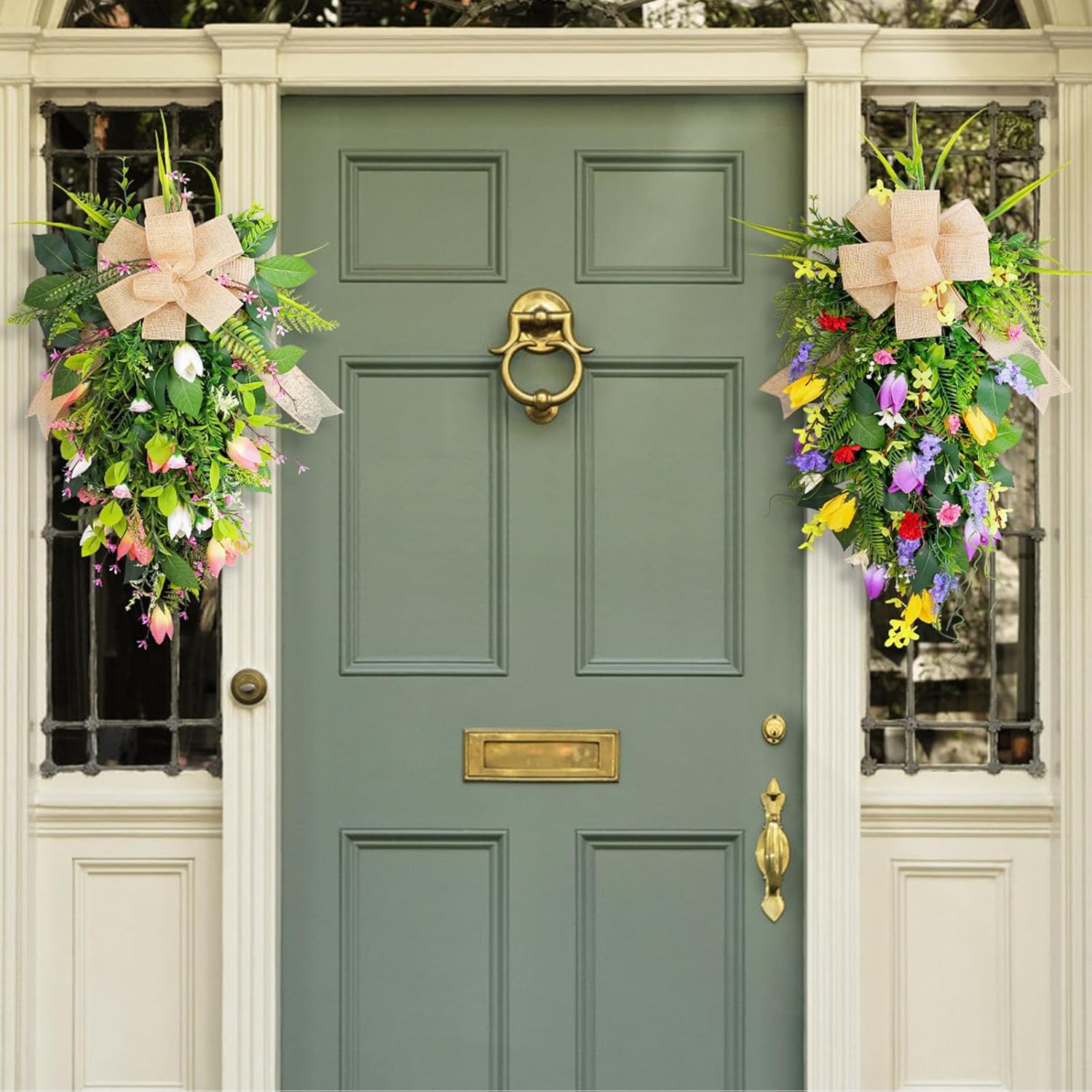 Spring Summer Teardrop Swag Artificial Tulips Door Wreath White Pink
