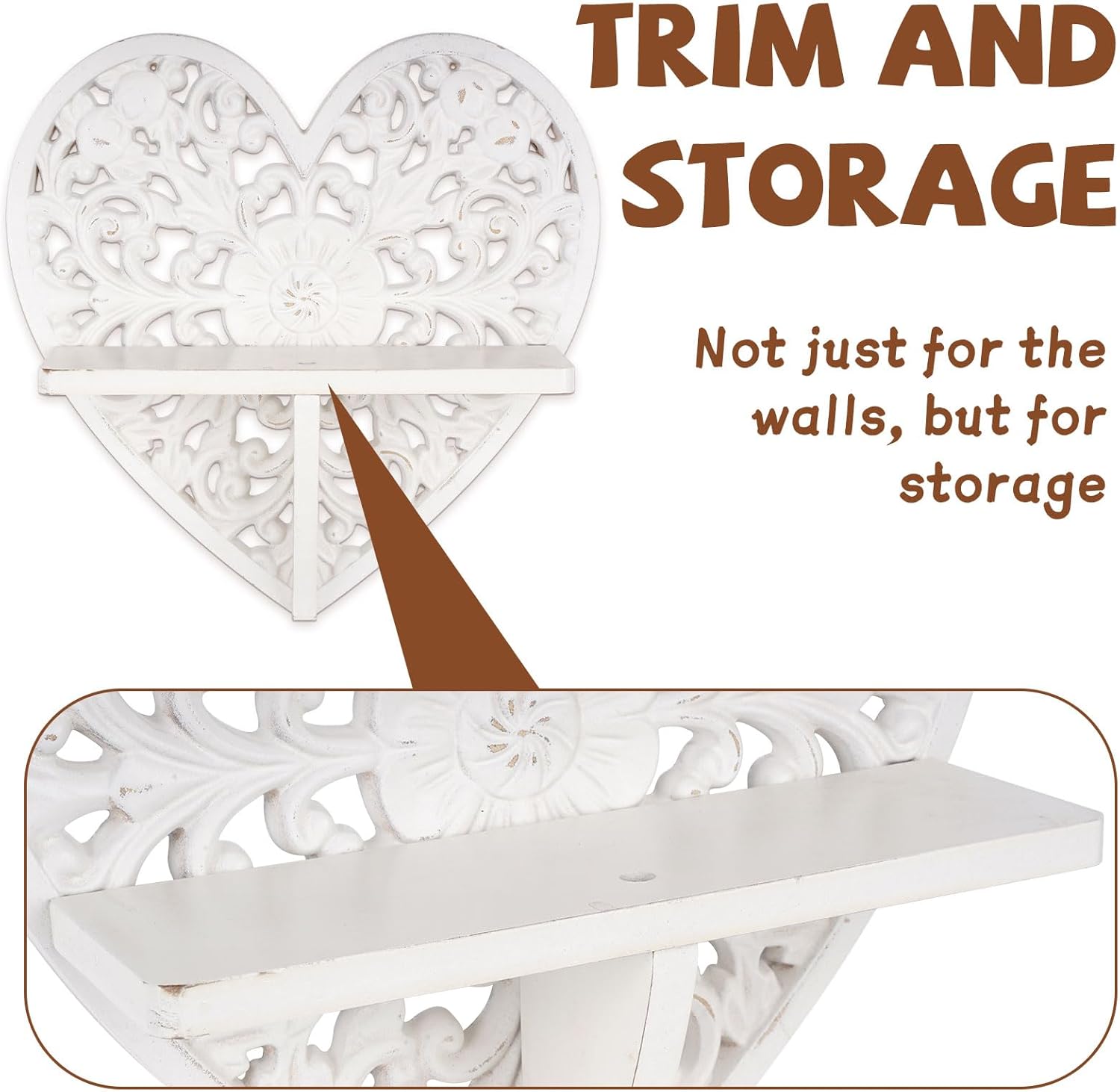 Rustic Heart-Shaped Floating Shelf with Hooks