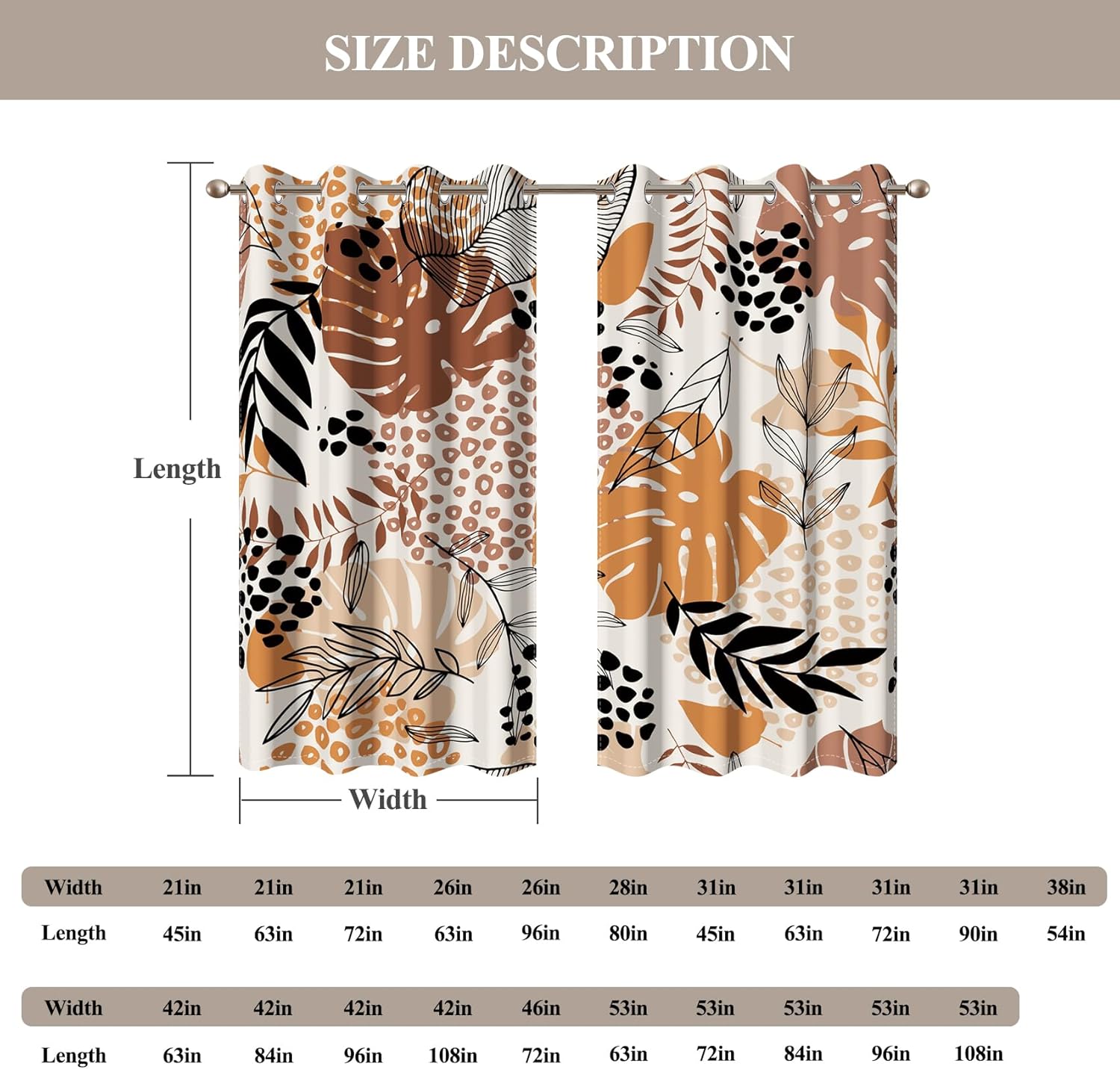 Baocicco Brown Leaves Curtains 2 Panel Set for Bedroom