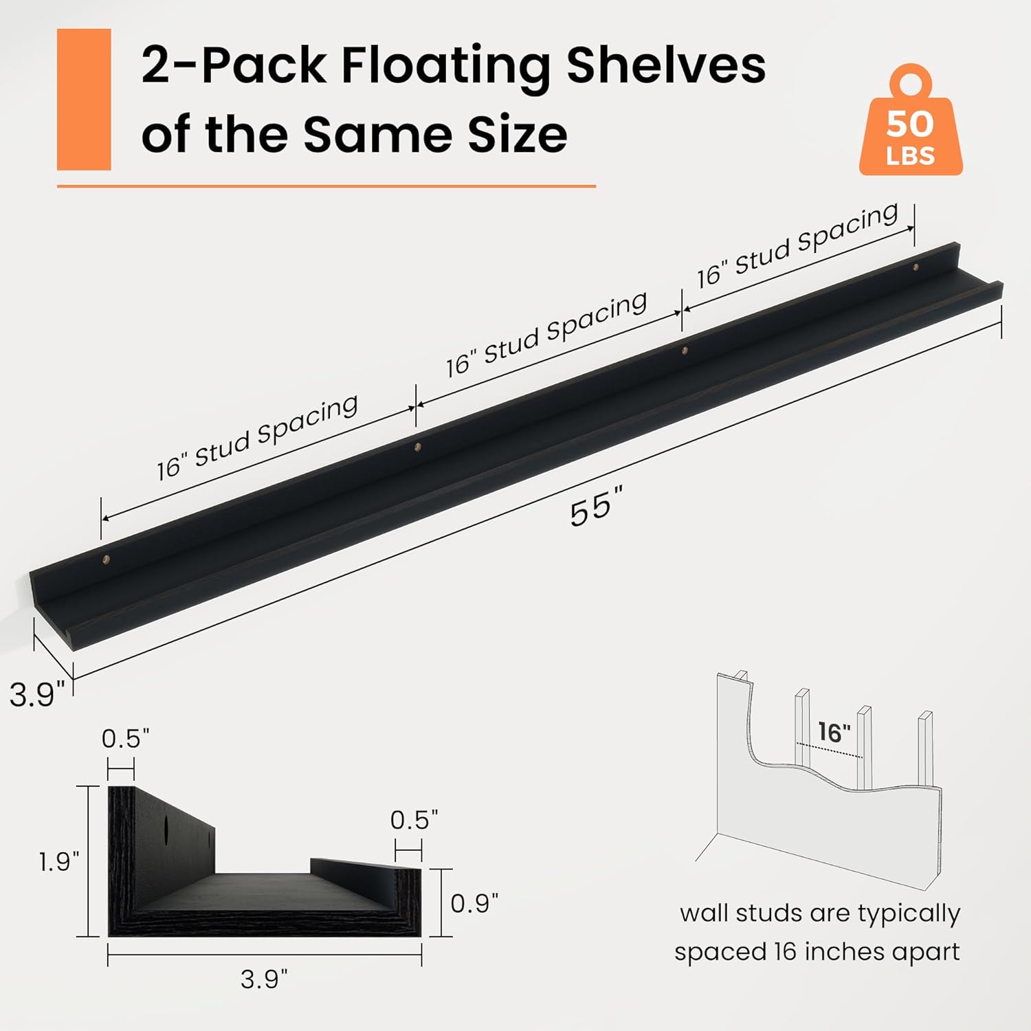 Richfocus Picture Ledge Shelf Set of 2 Black 55 Inch Floating Shelves