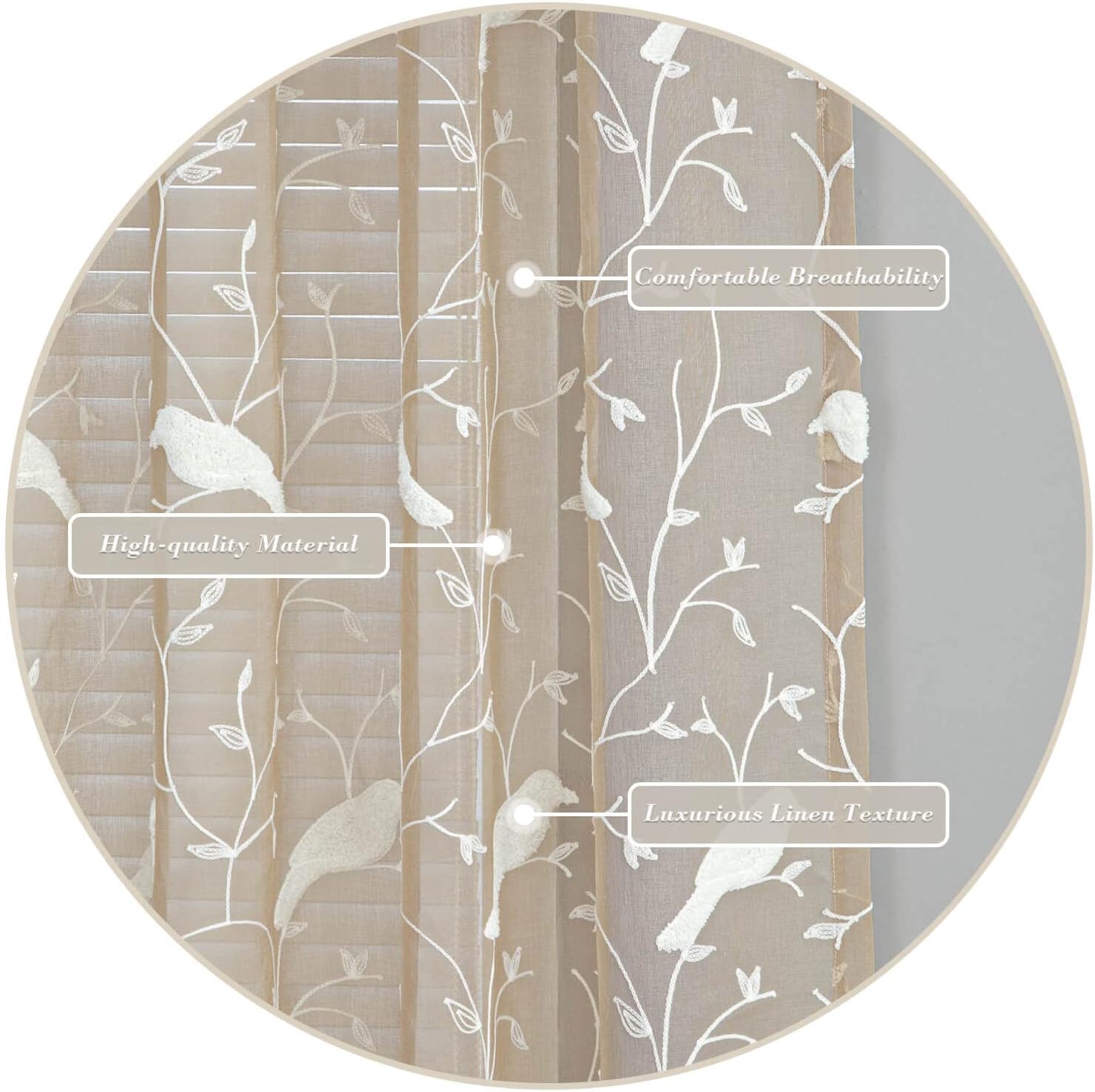 VOGOL White Bird Pattern Taupe Sheer Curtains 2 Panels