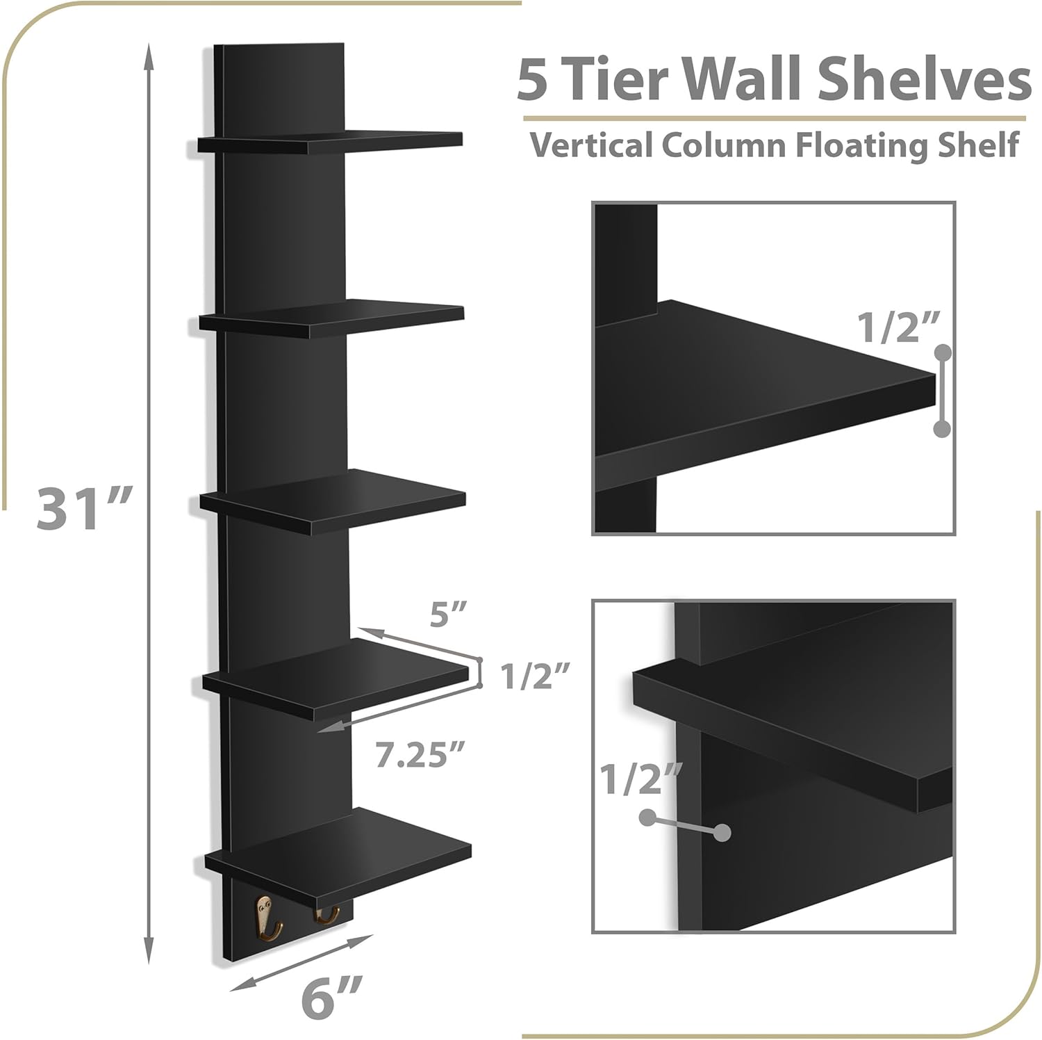 Sorbus 5 Tier Wall Shelf with Hooks 2 Pack