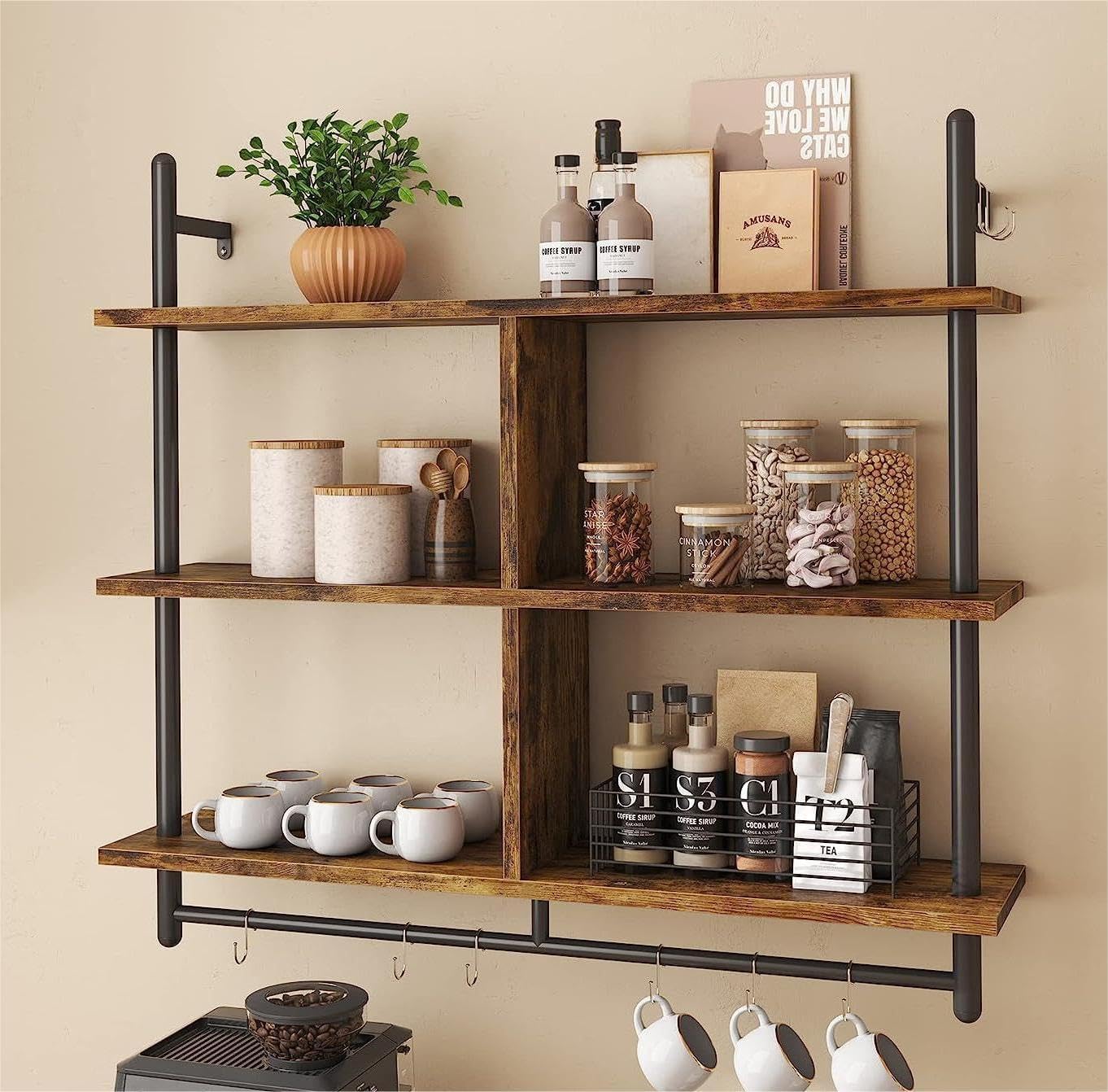3 Tiers Wood Floating Shelving with Hooks