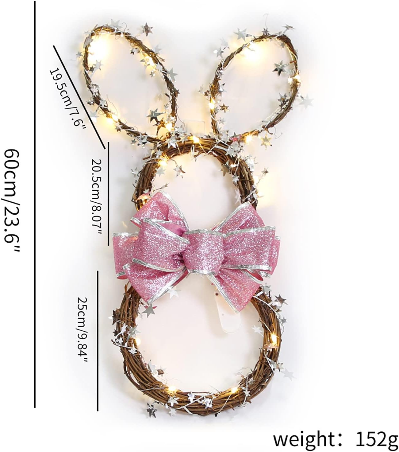 Foldable Rattan Rabbit Wreath Hanger with LED Light