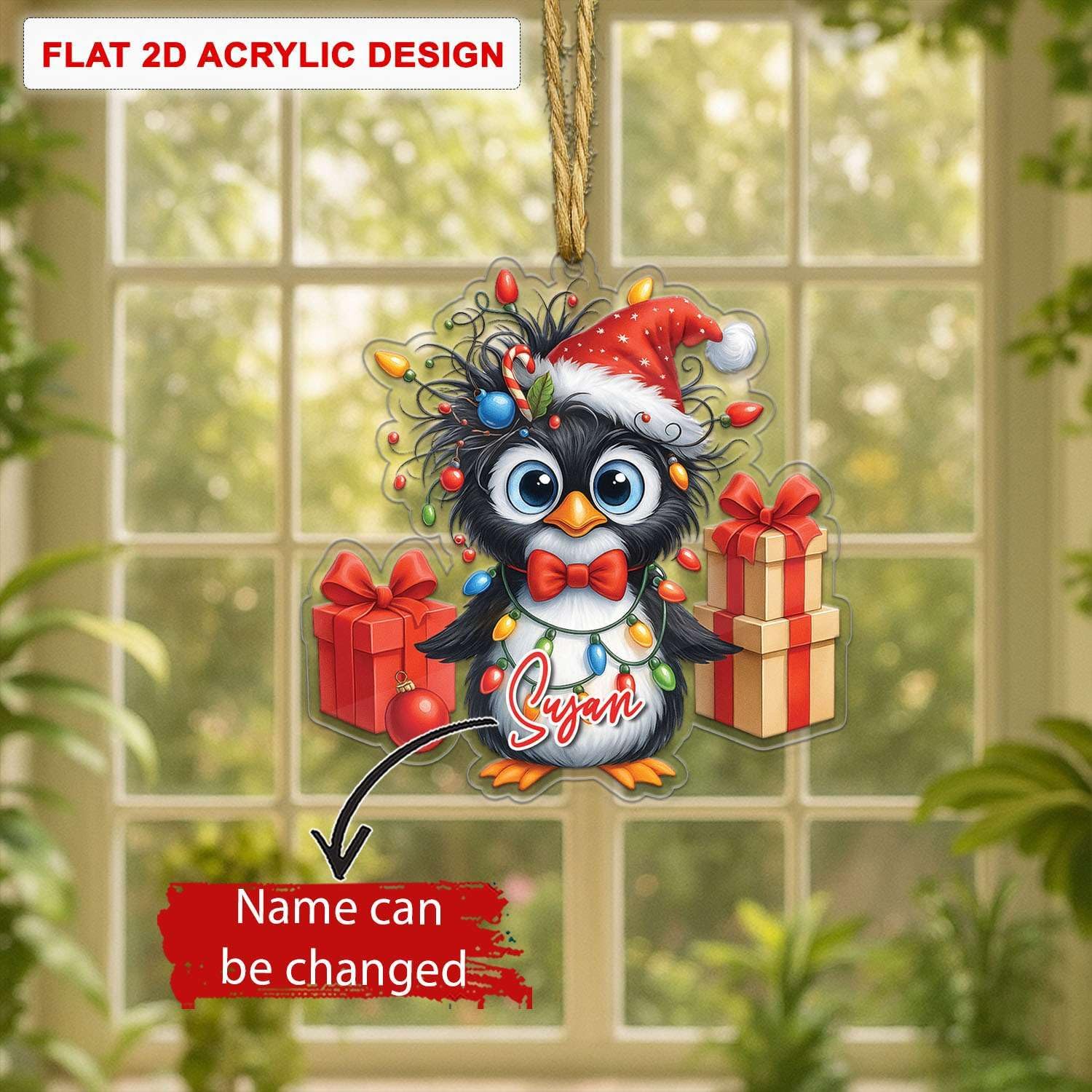 Personalized Penguin Christmas Ornament with Gift Boxes