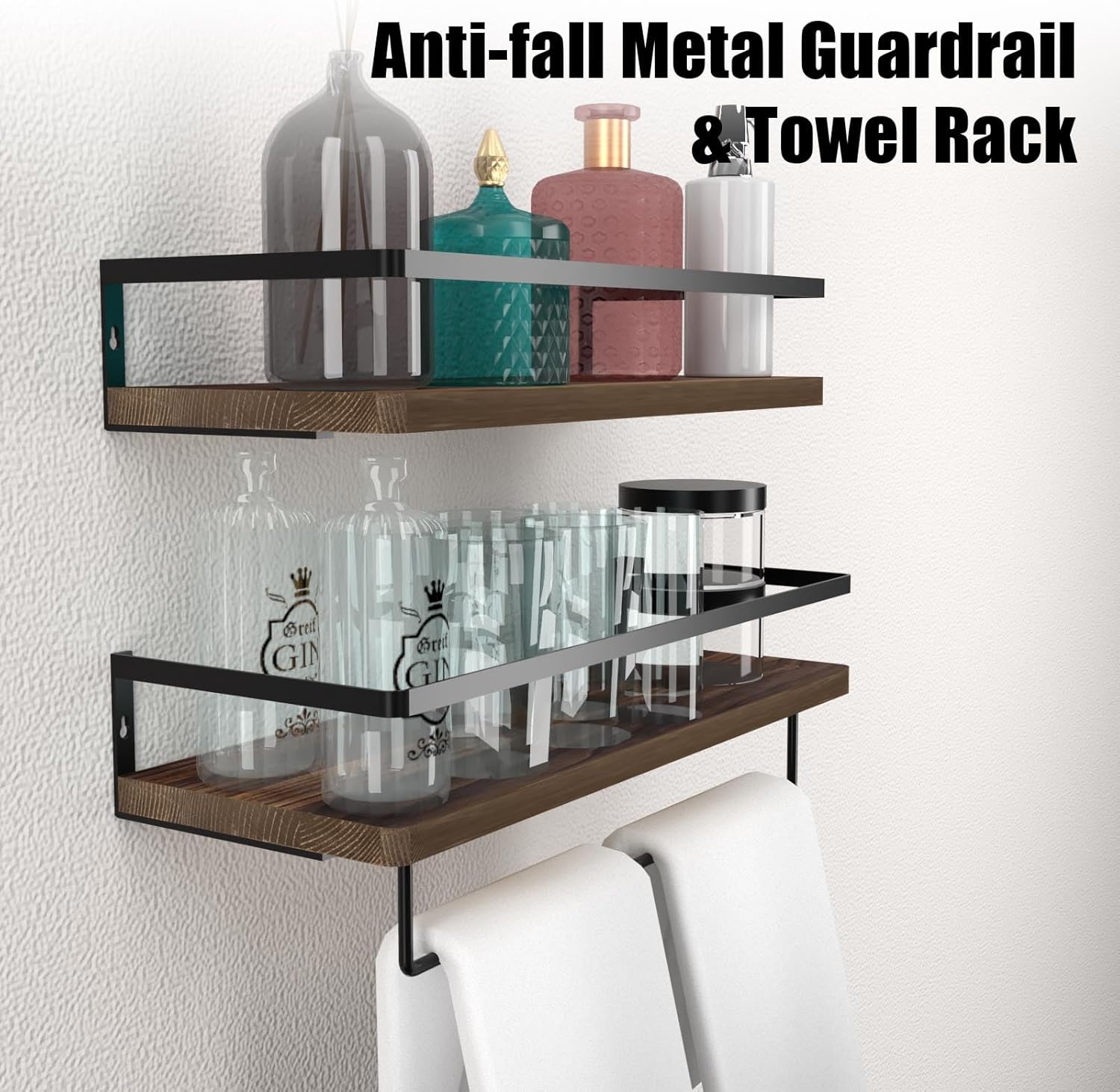 34 Floating Wall Shelves Over Toilet With Towel Bar Rack and Hooks