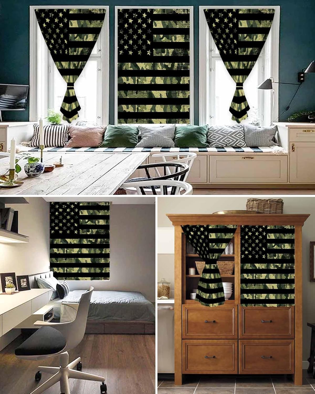 Green American Flag Self Adhesive Blackout Curtains for Windows