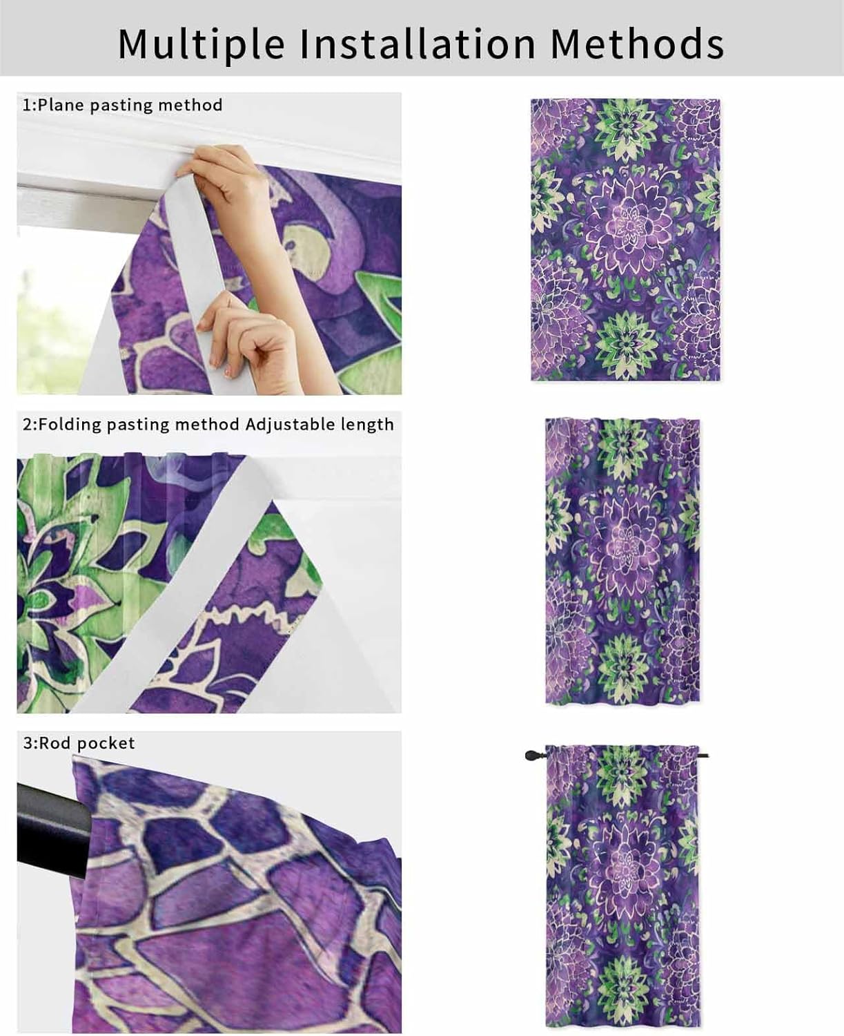 Purple Floral Self Adhesive Portable Curtains for Windows