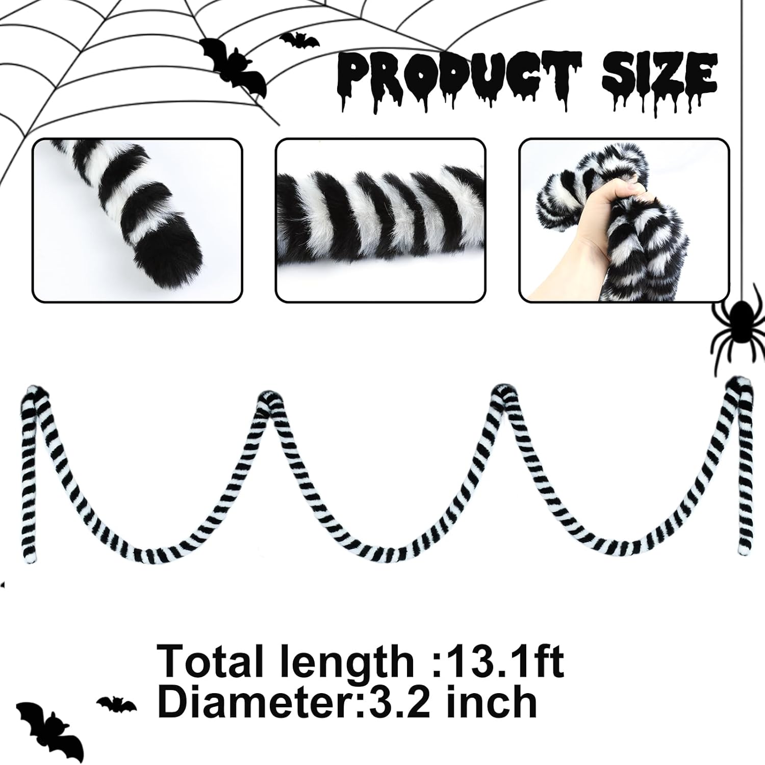 26FT Black White Striped Sandworm Garland Halloween Decoration