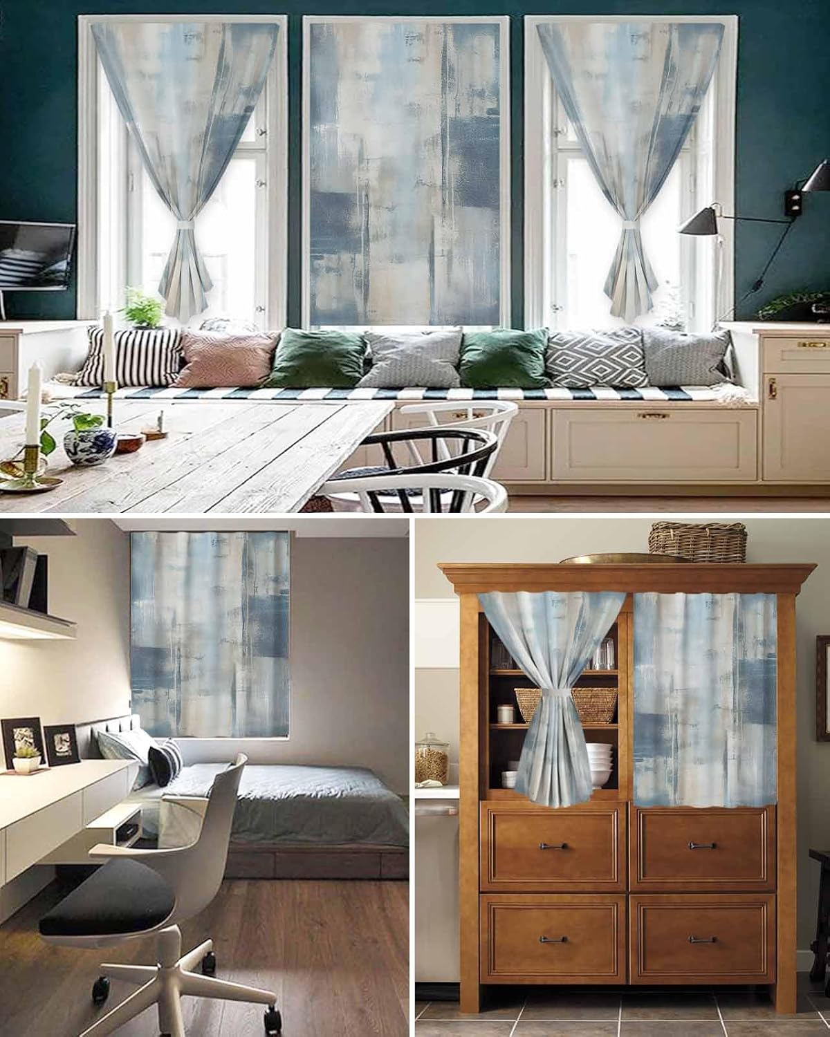 Yomandocix Blue Beige Self Adhesive Portable Curtains for Windows