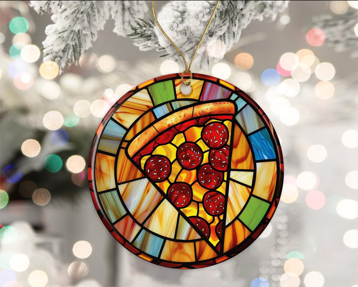 Pizza Stained Glass Ceramic Ornament Funny Christmas Decoration