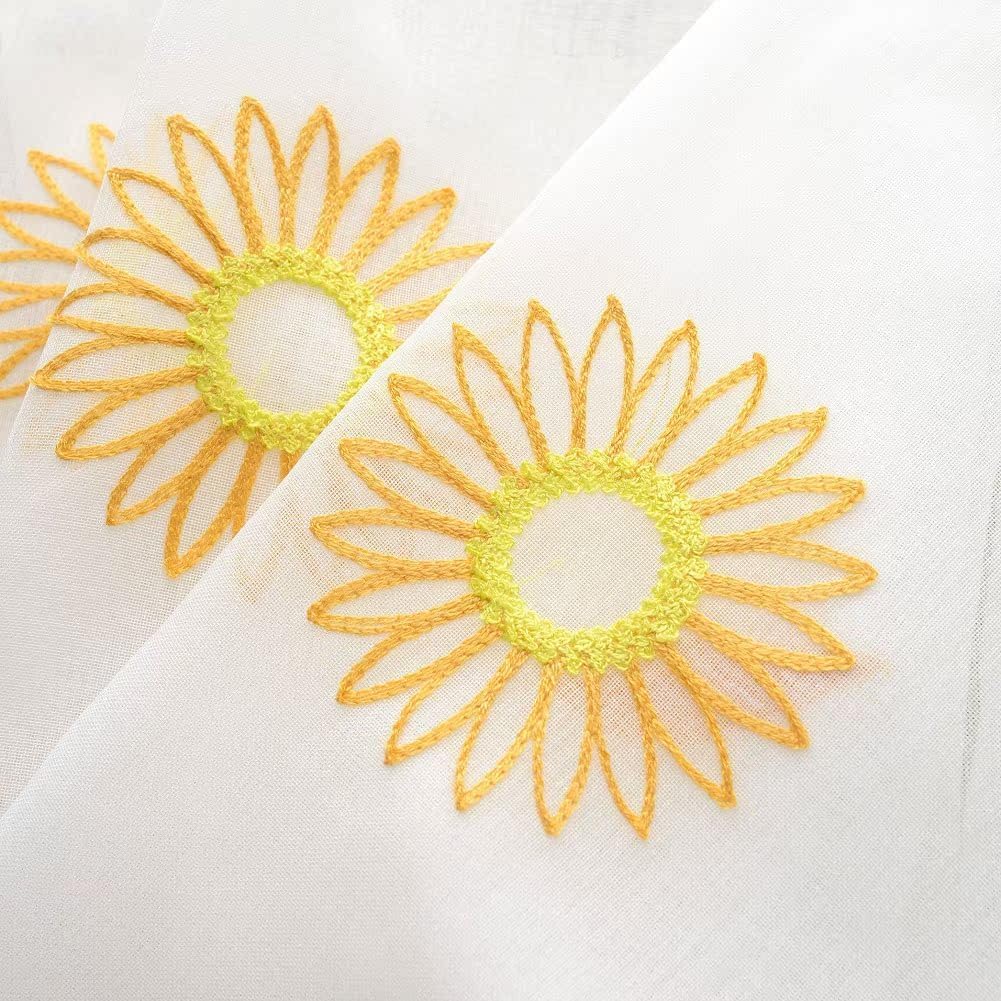 Pastoral Sunflower Embroidery Sheer Curtains Panel 100x102 Inch White