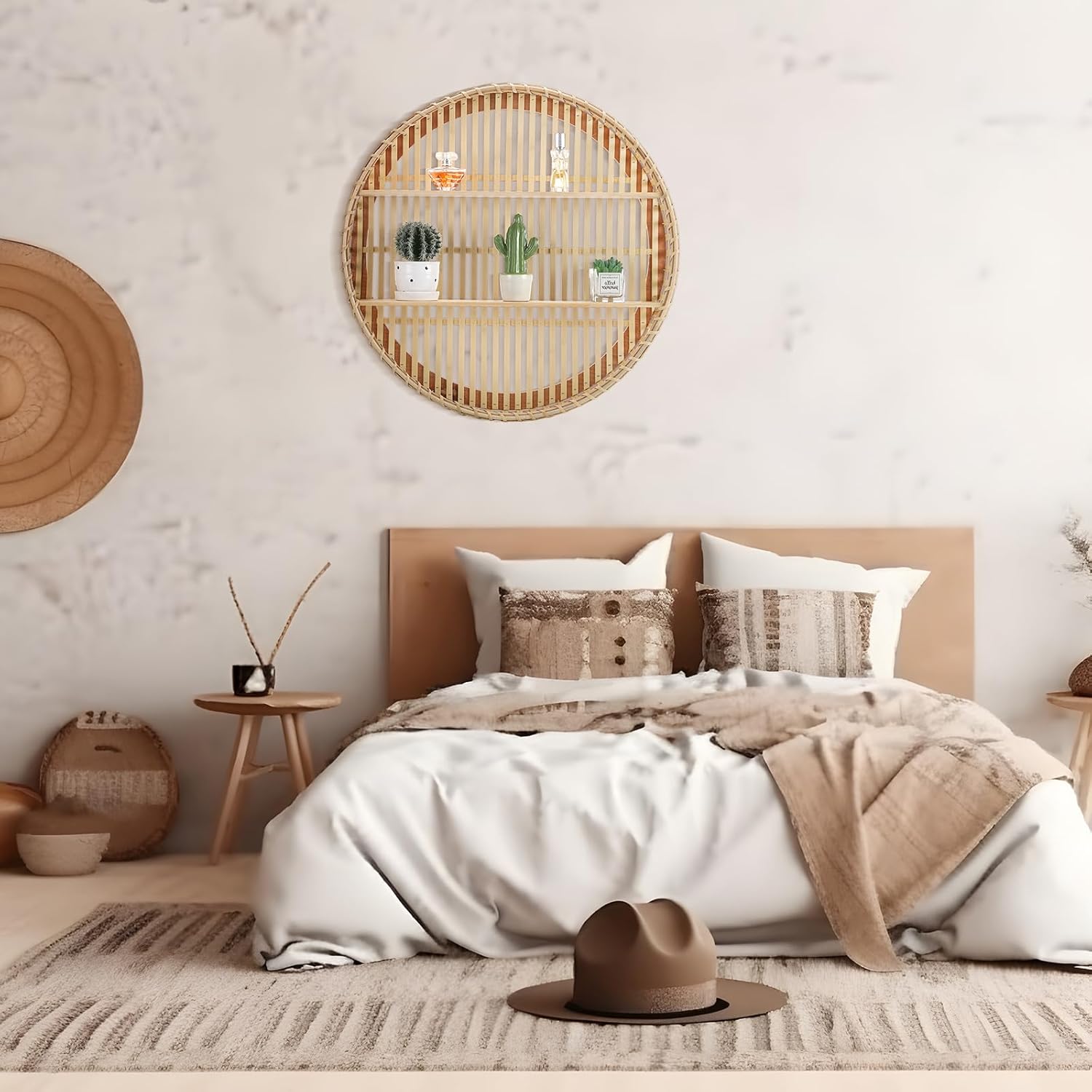 Pinkunn 2 Tier Round Rattan Wall Shelf Boho Decor