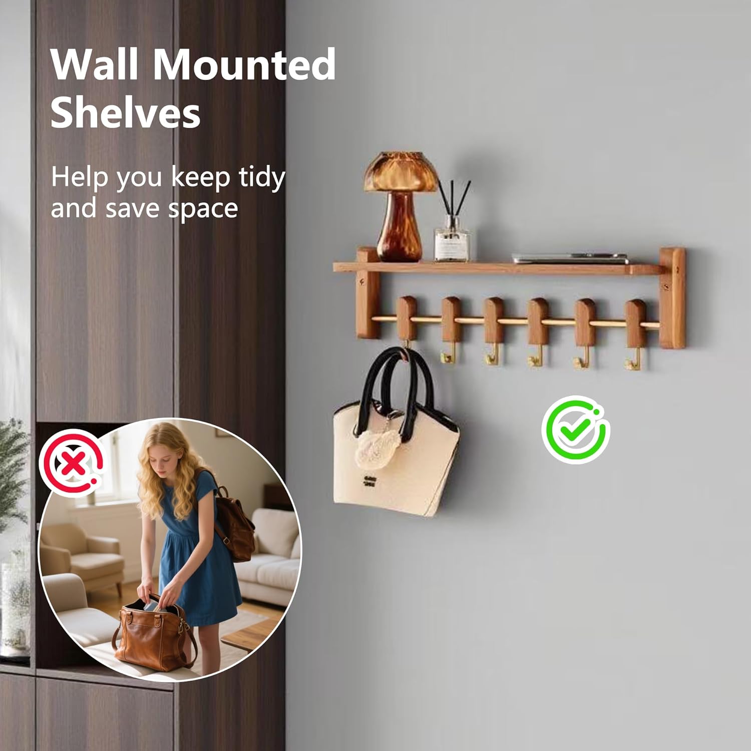 Floating Wall Shelf with 6 Hooks for Home Storage