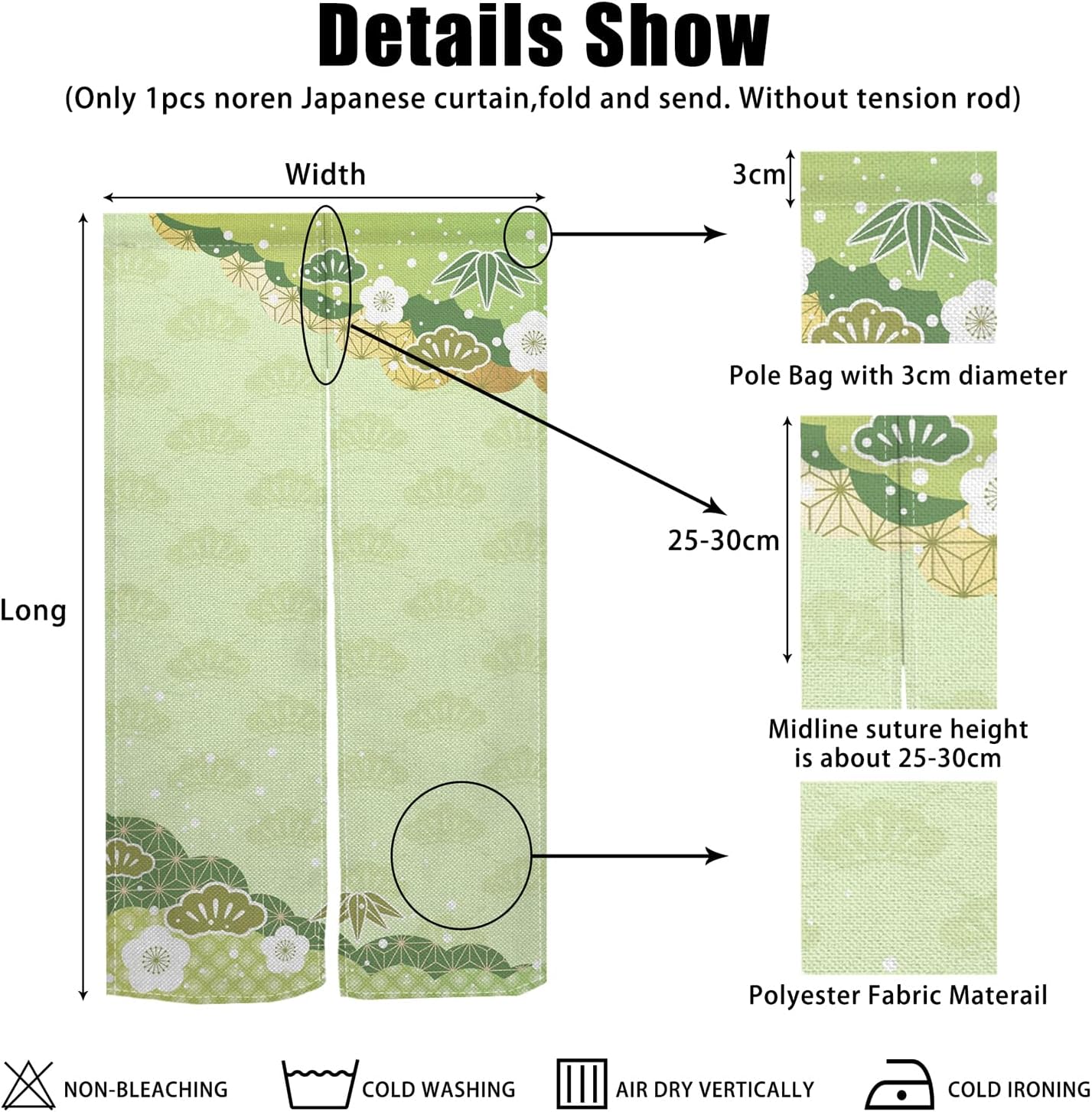 Japanese Door Curtain with Bloomy Flowers Design 34x48 Green