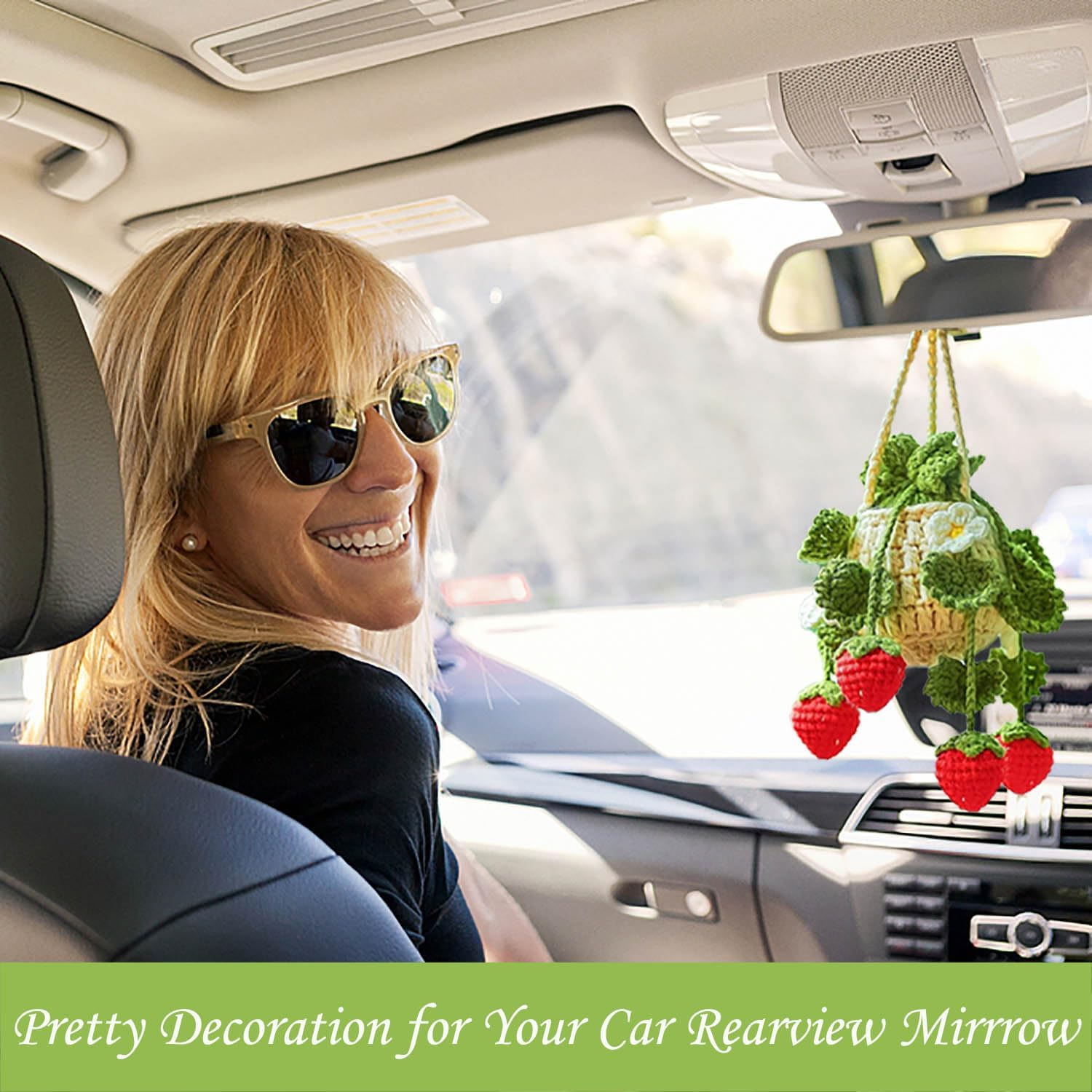 Crochet Hanging Plant Car Ornament Deep Green Leaves Strawberry
