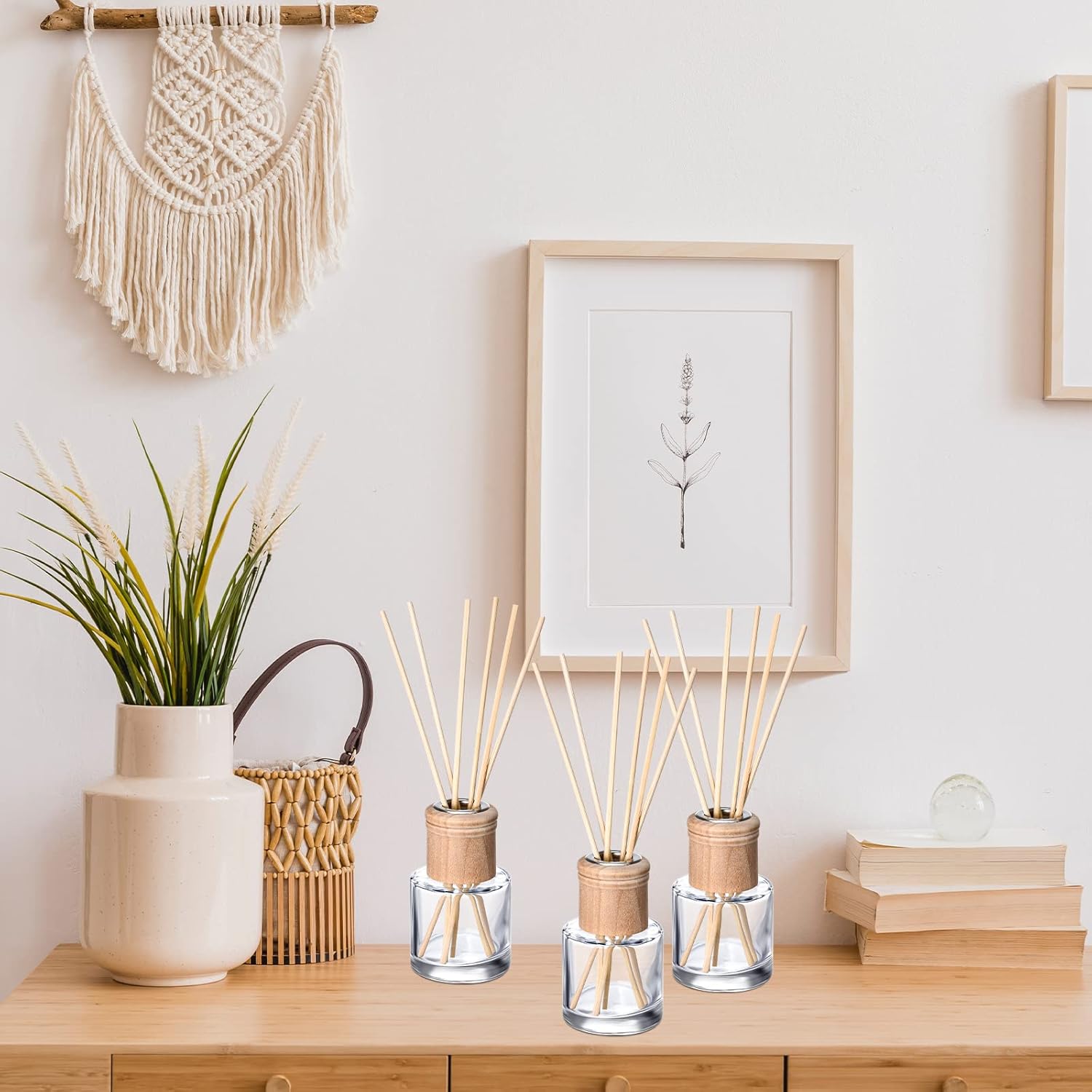Roshtia 4 Piece Reed Diffuser Set with Wooden Caps and Rattan Sticks