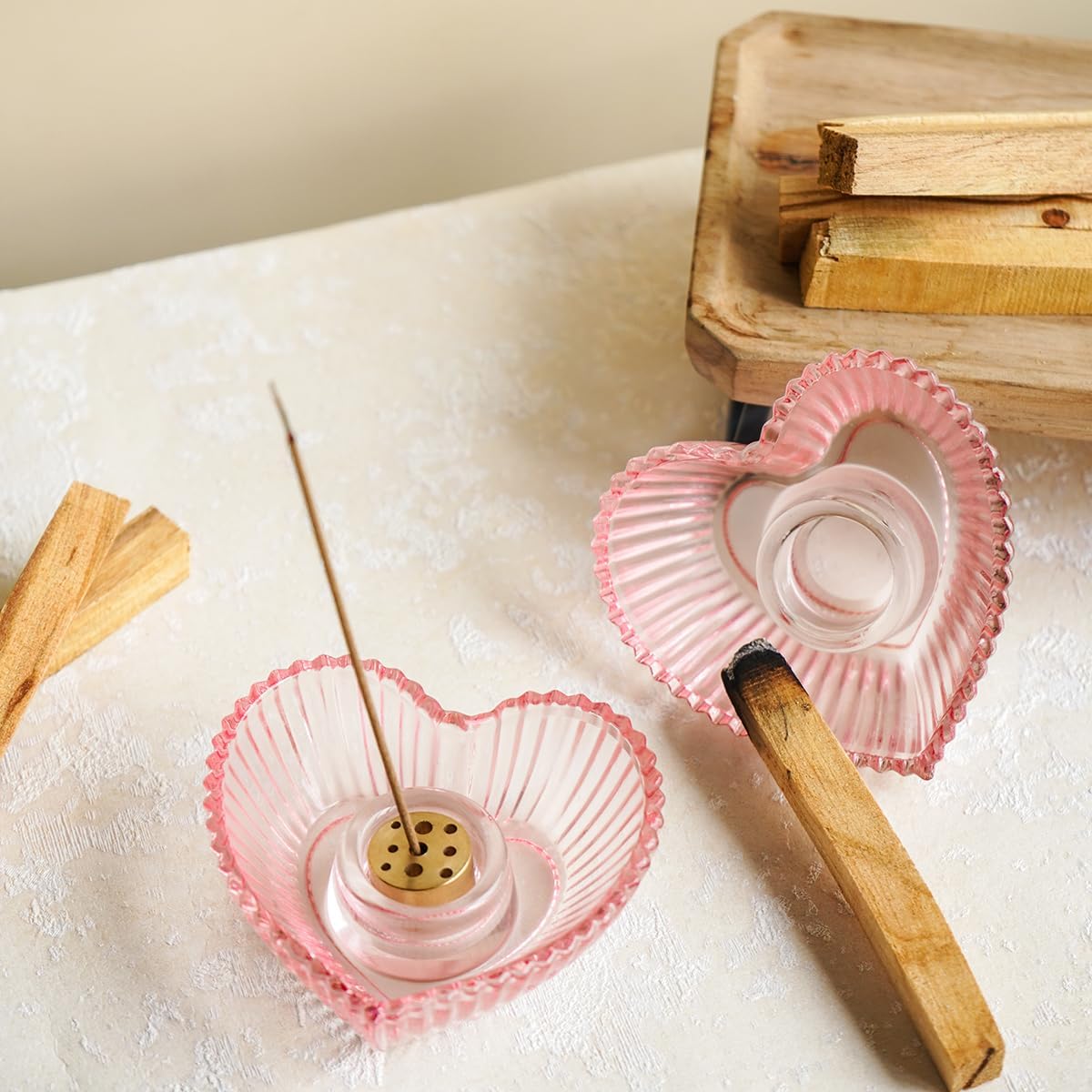 Kanpura Glass Heart Incense Holder Set of 2