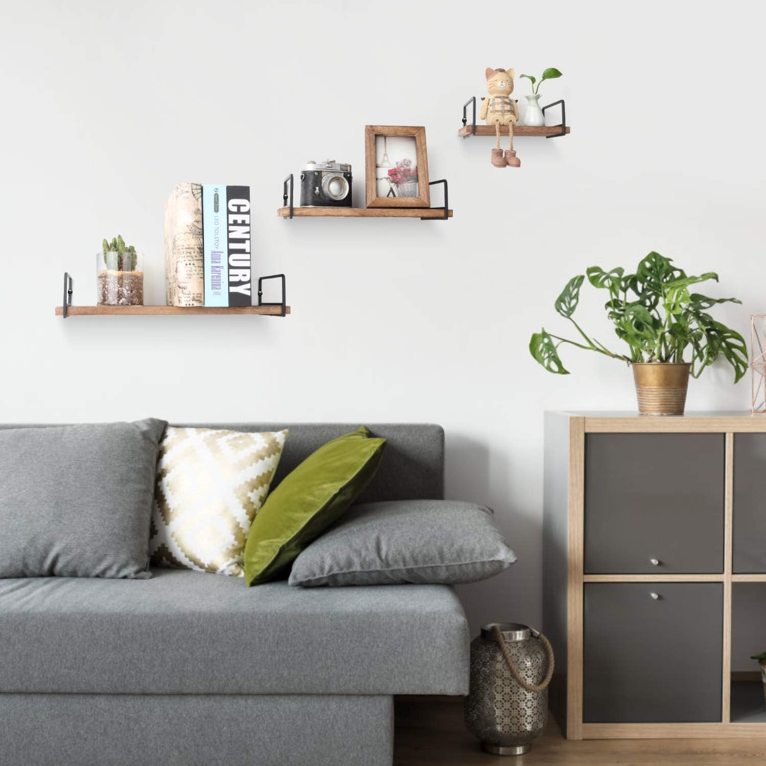 Floating Wall Shelves Set of 3 Rustic Wood Storage for Home