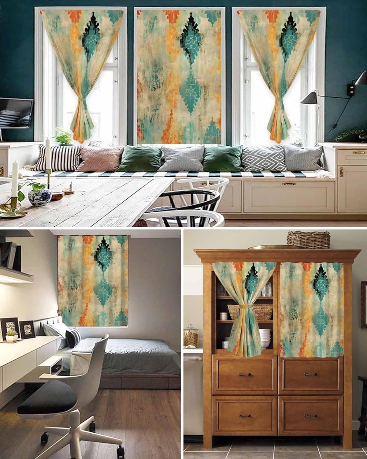 Yomandocix Orange Teal Red Self Adhesive Curtains 59x84 Inches