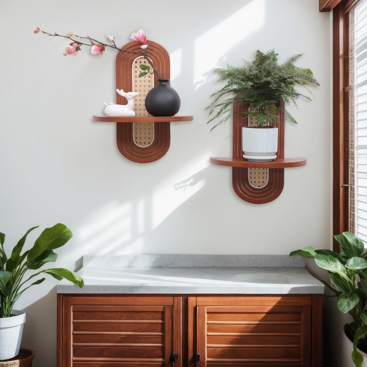 Boho Rattan Floating Shelves Set of 2 for Living Room and Bedroom