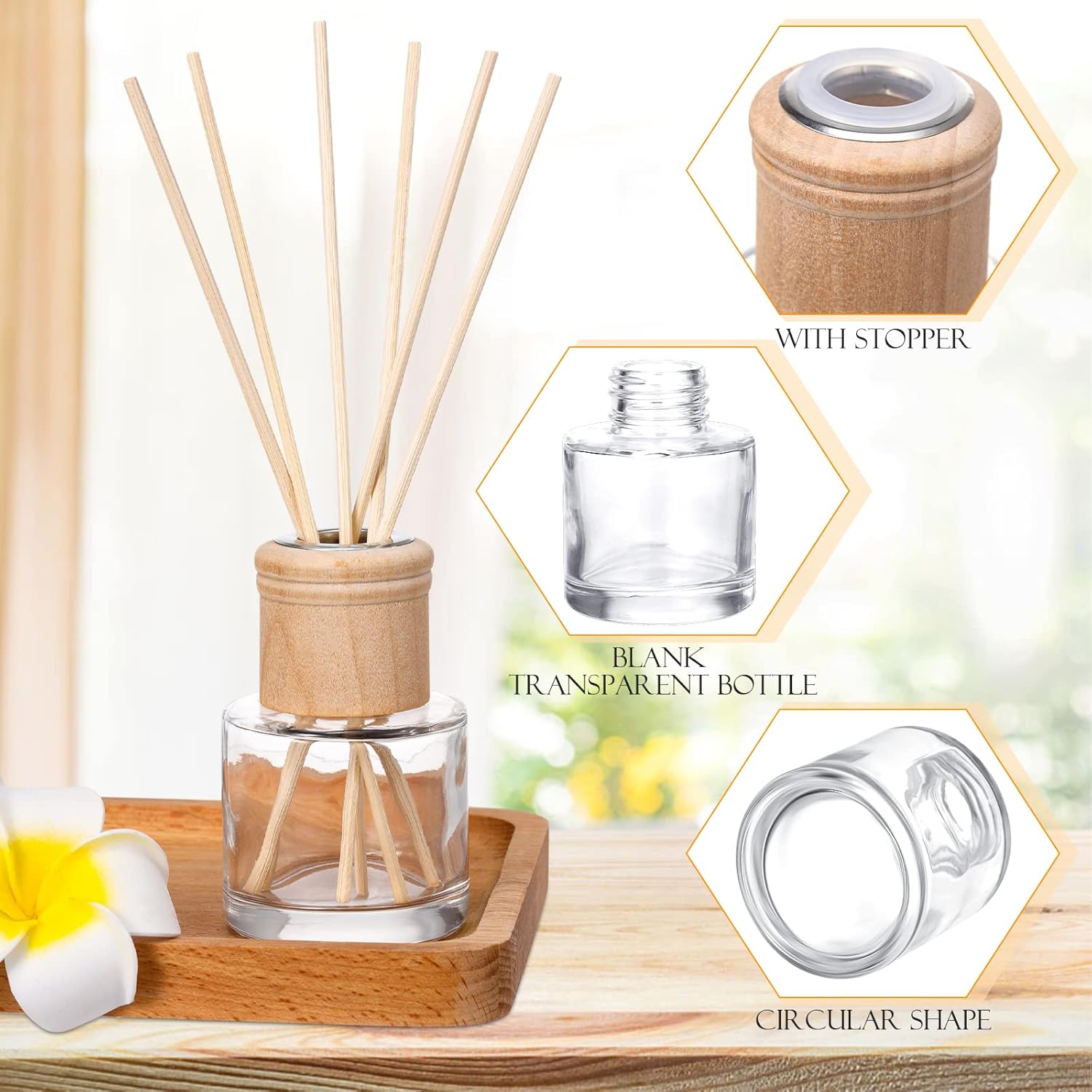 Roshtia 4 Piece Reed Diffuser Set with Wooden Caps and Rattan Sticks