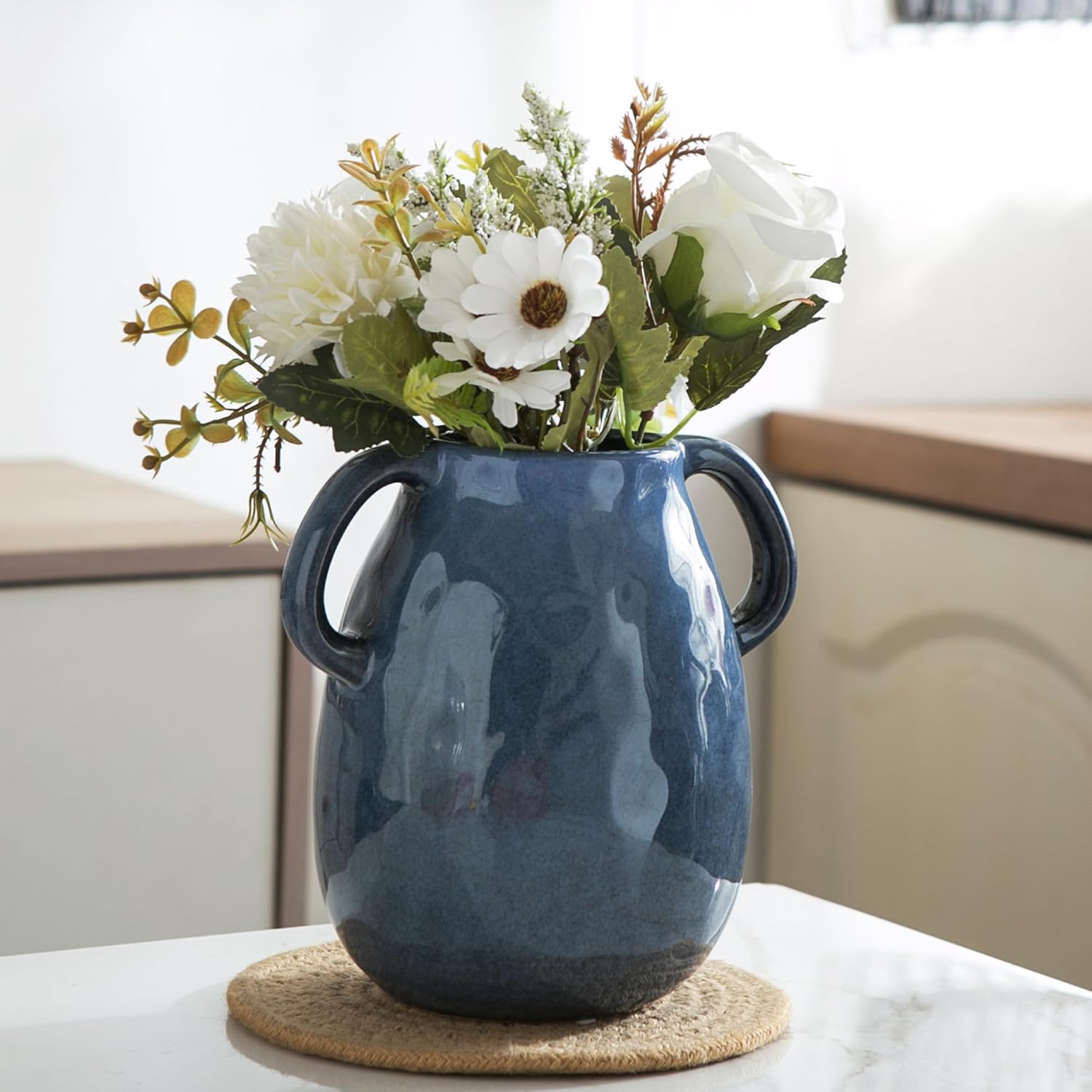 Blue Ceramic Vase with 2 Handles - Modern Farmhouse Decor